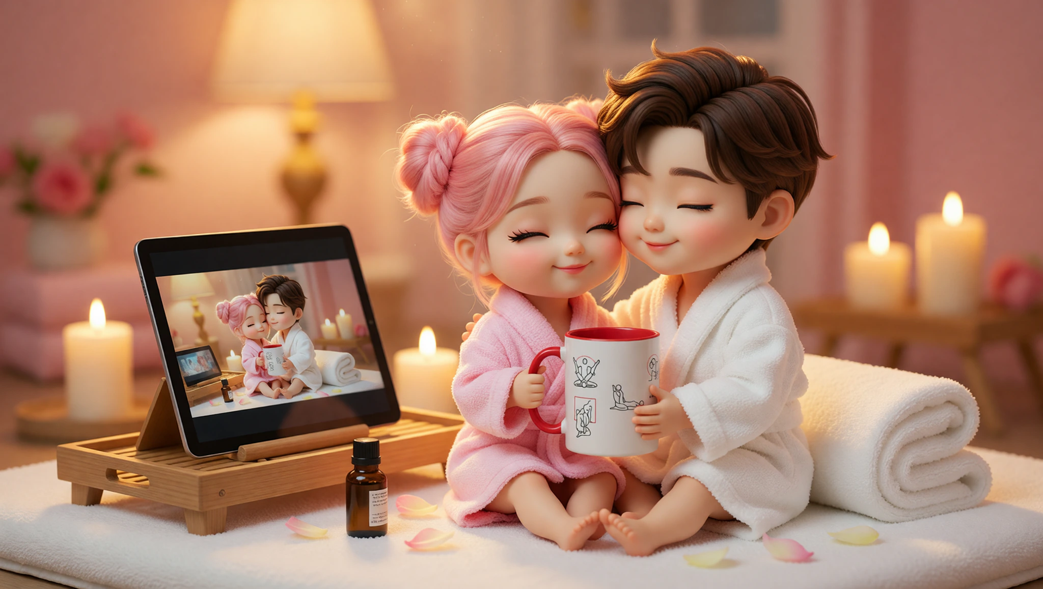 A man and a woman sharing a flirtatious embrace in a candlelit home spa while watching a Kama Sutra movie.