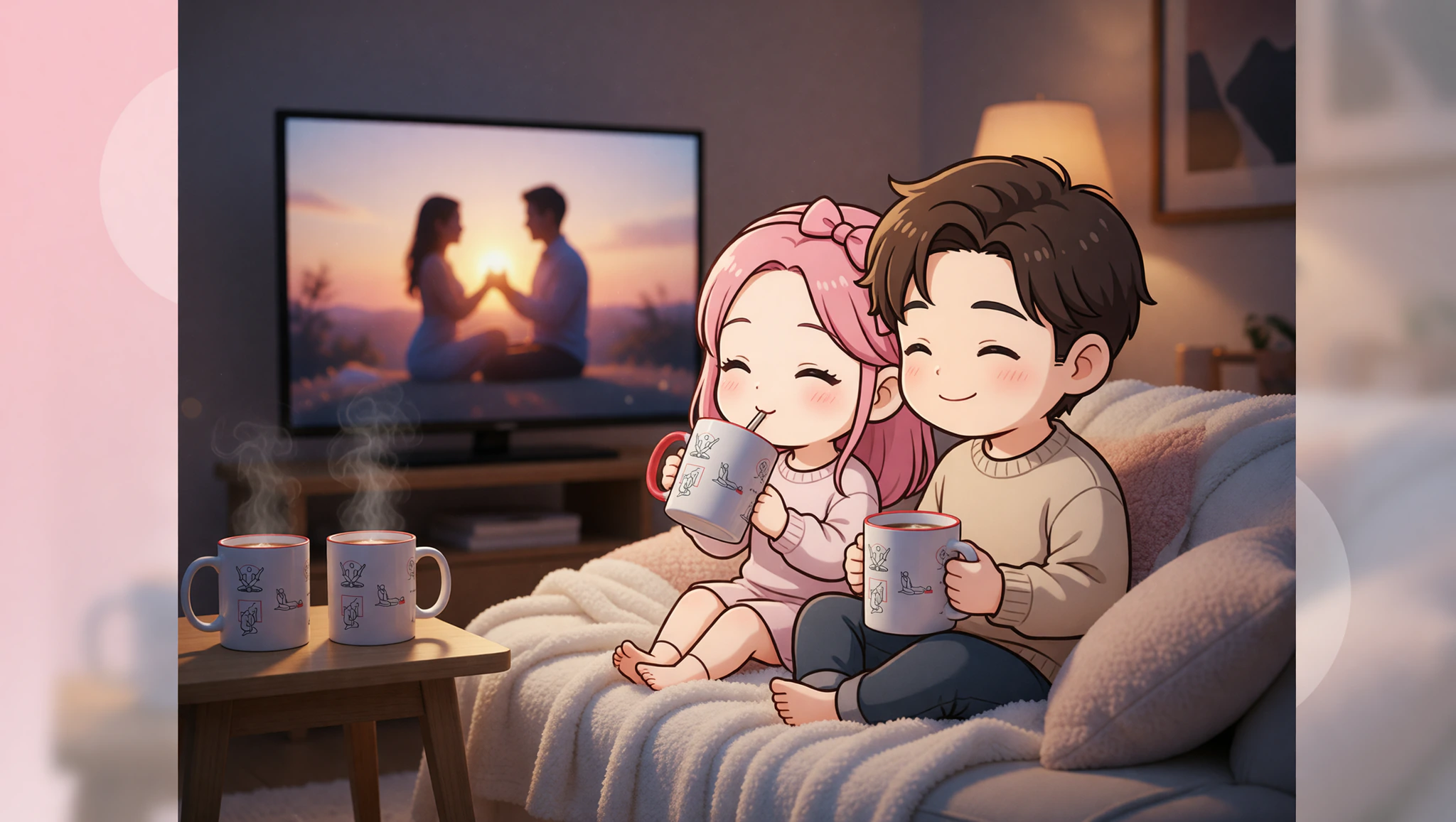 A man and a woman cuddle on a couch during a Kama Sutra movie night with blankets and hot drinks.