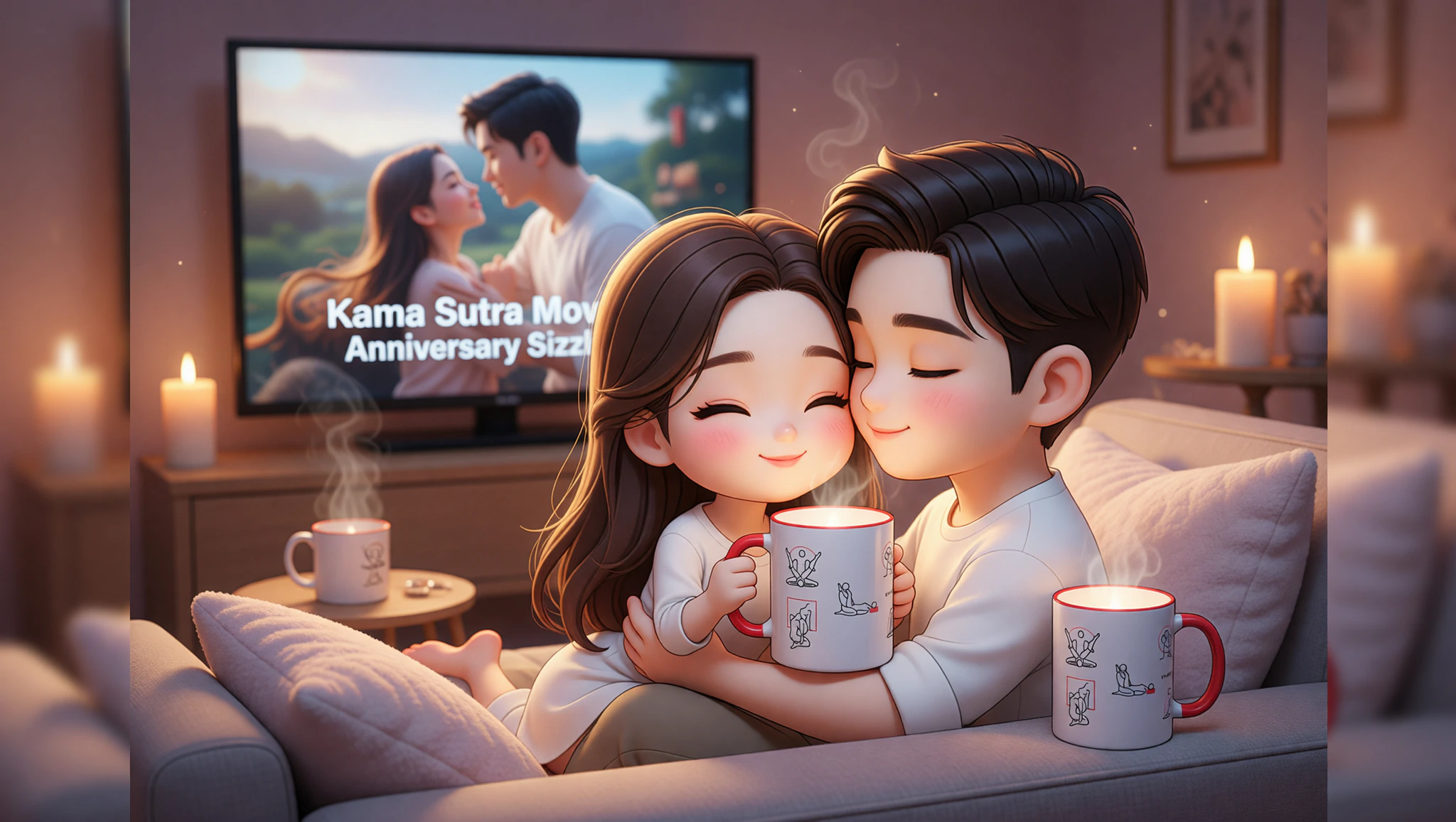 Intimate couple shares a passionate embrace on the couch during a Kama Sutra movie anniversary night.