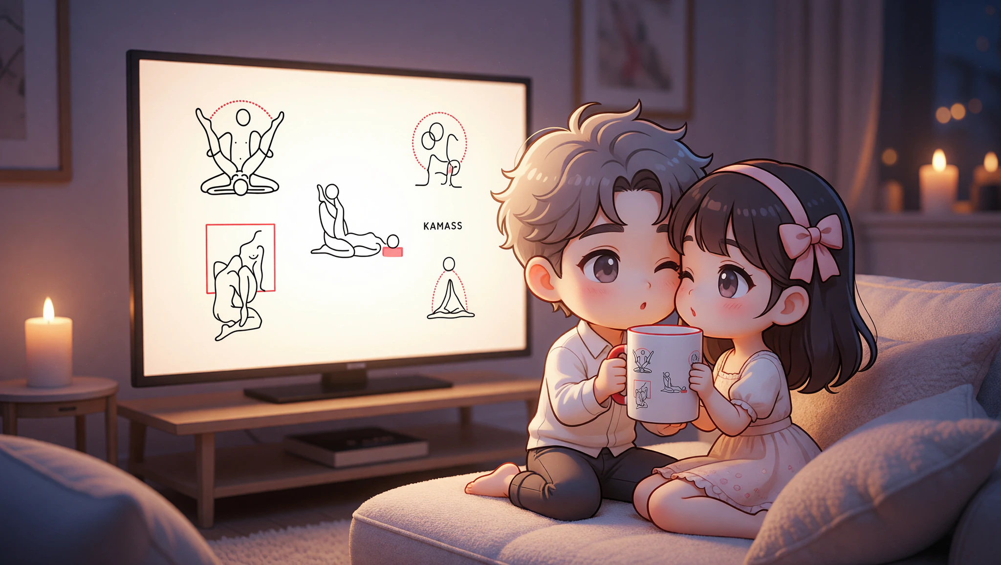 A loving man and woman sharing an intimate Kama Sutra movie viewing on their couch.