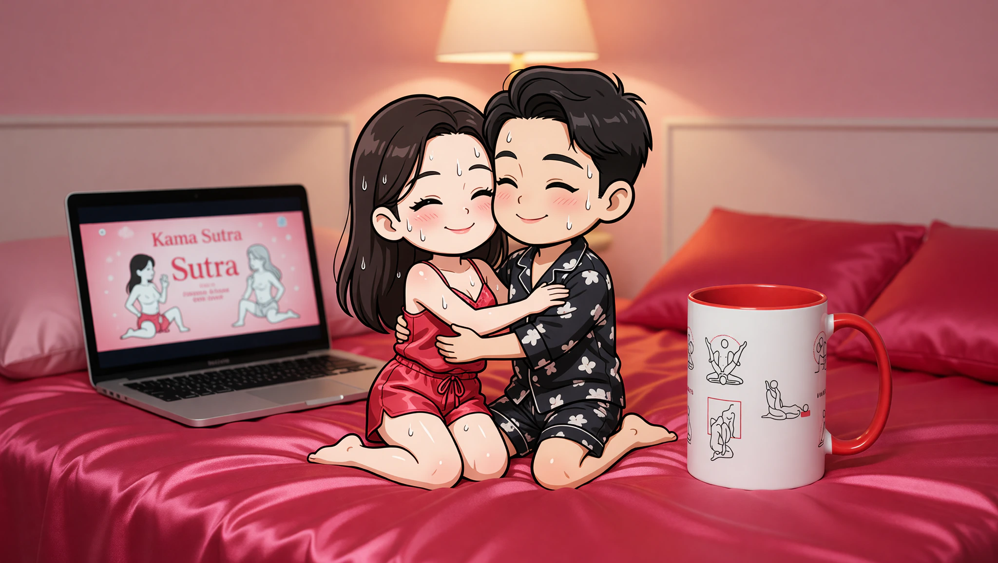 A man and woman recreating Kama Sutra positions on silk sheets while watching an erotic movie.