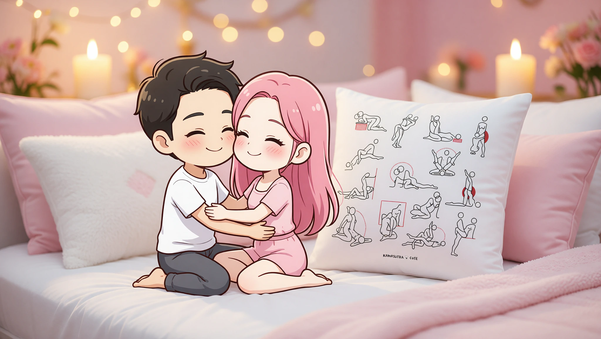 A man and woman in a close Kama Sutra embrace on anniversary night.