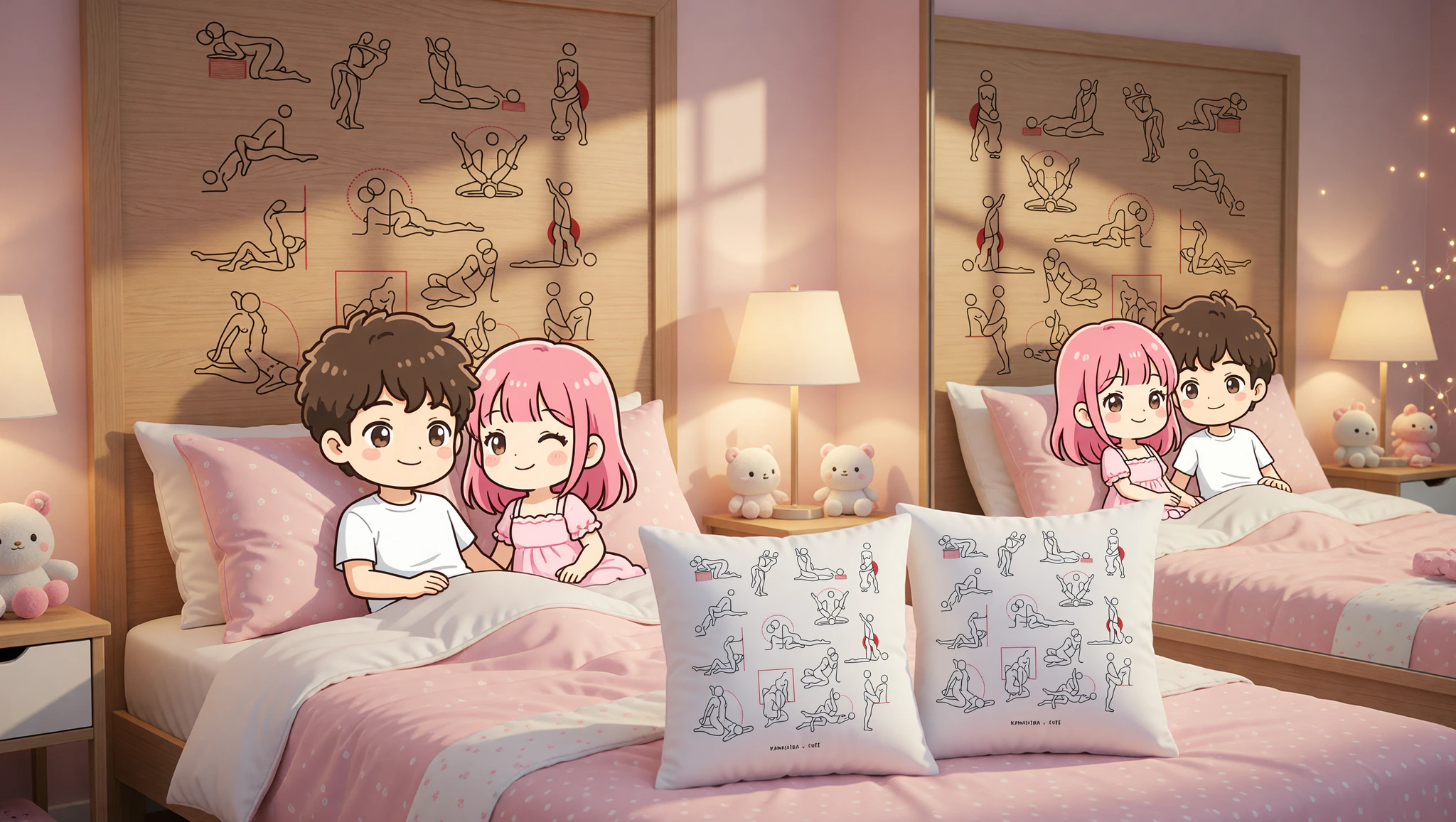 A man and woman lounging in a bedroom featuring Kama Sutra inspired prints, pillows, and mirrors for added intimacy.