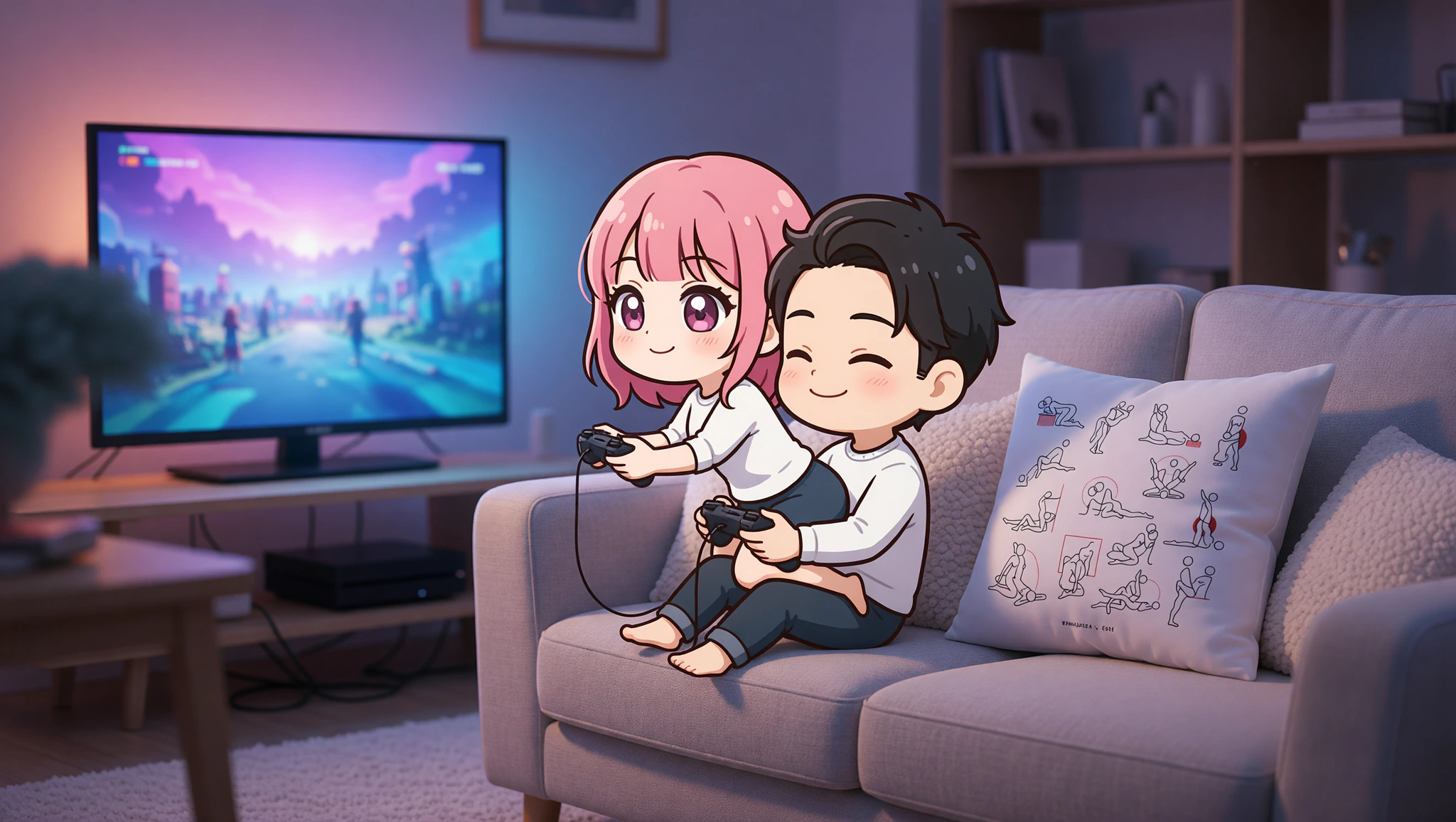 Couple in intimate gaming position on couch with controllers during Kama Sutra session.