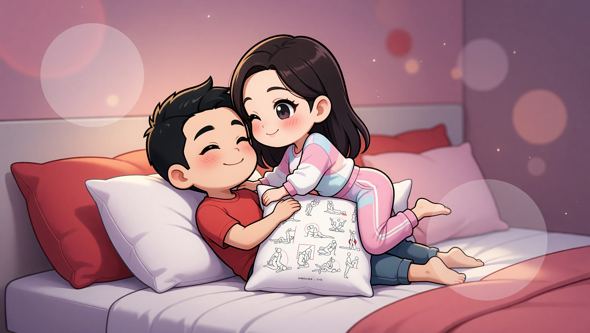 A loving couple in cowgirl position using the Kamasutra Cute - Basic Pillow for enhanced comfort and angle.