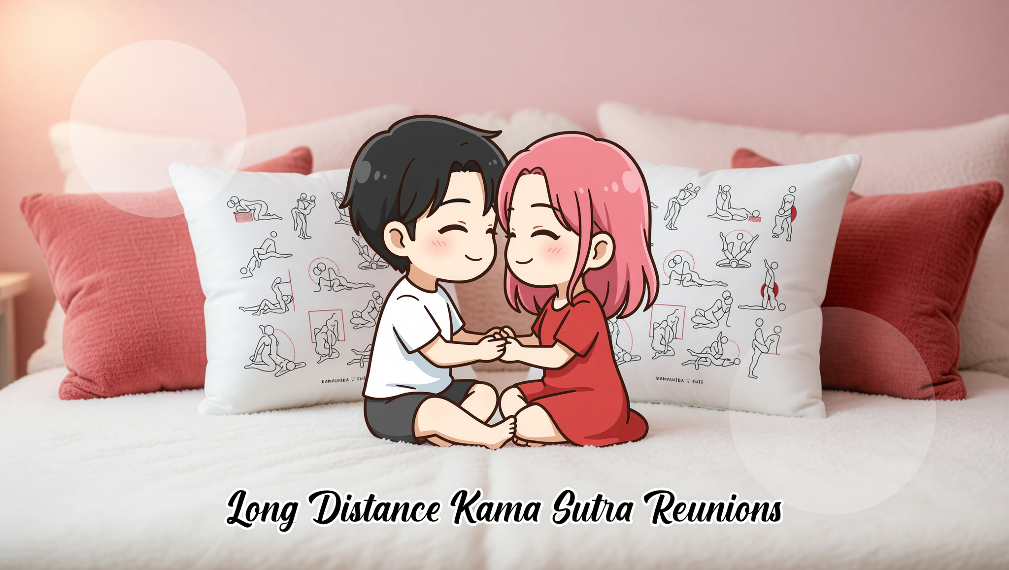 A man and a woman locked in a tender lotus embrace on bed, embodying long-distance reunion passion.