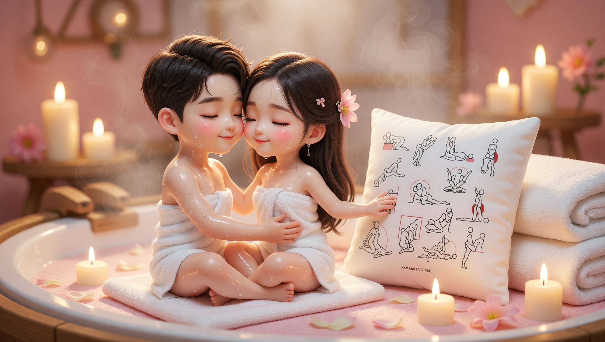 A man and woman sharing a sensual spa Kama Sutra embrace with oils and candles for ultimate relaxation and glow.