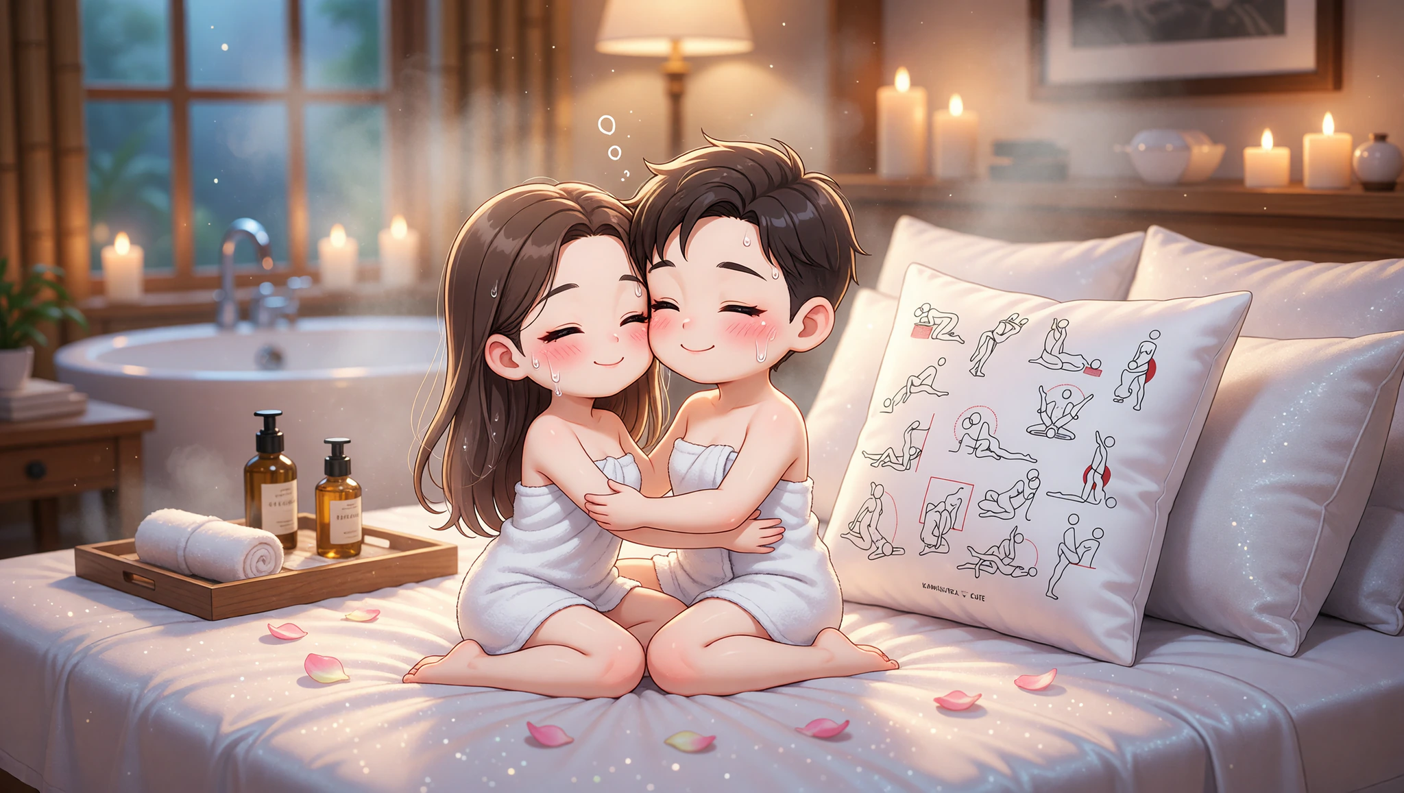 A man and woman melting into a steamy spa Kama Sutra lotus embrace surrounded by candles and oils.
