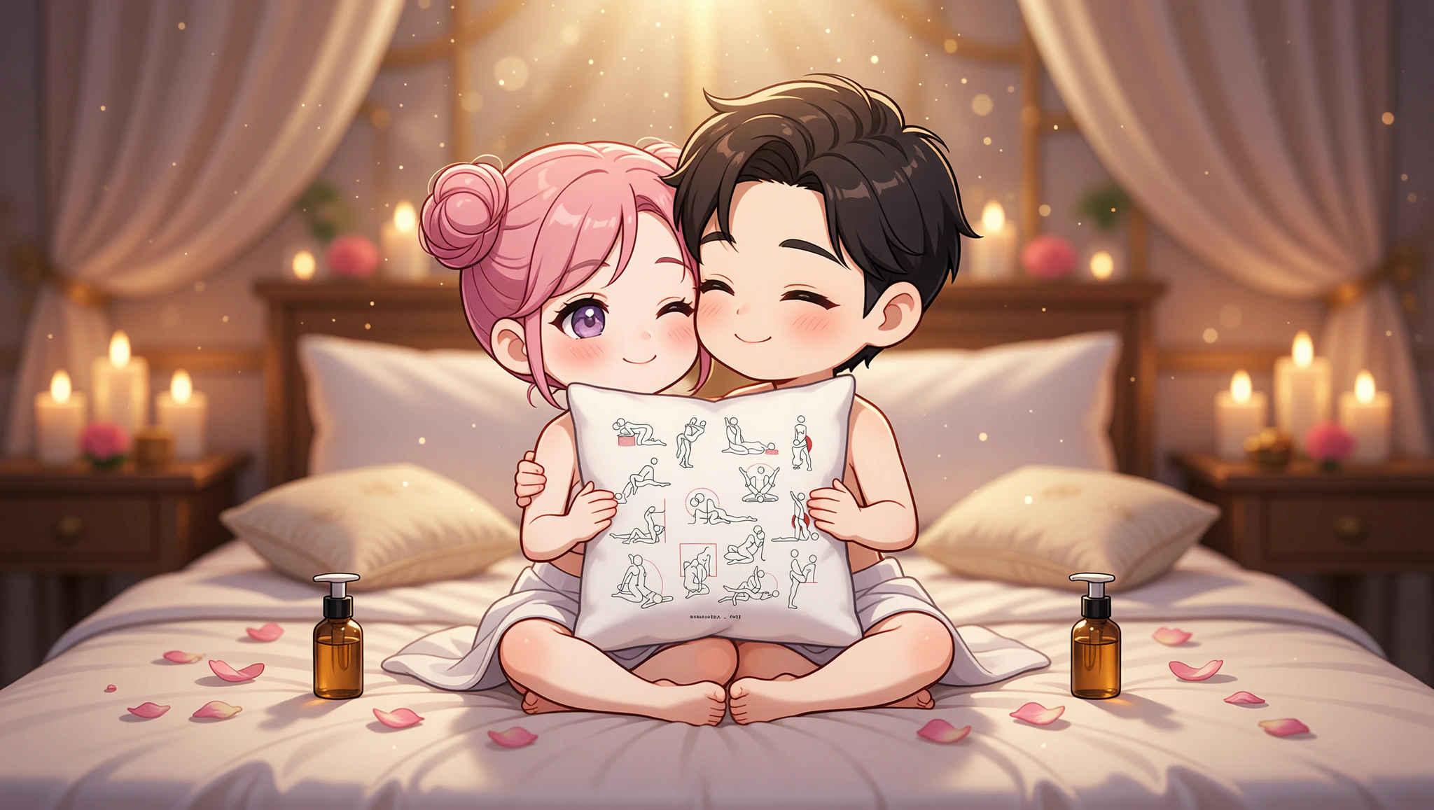 A loving man and woman sharing a sensual Spa Kama Sutra Bliss embrace amid candles and oils in a cozy bedroom.