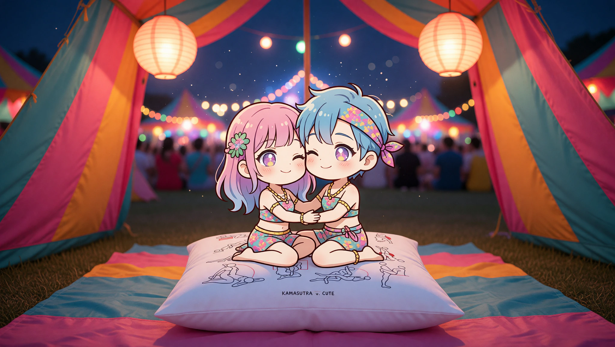 A man and a woman sharing a flirty Kama Sutra lotus embrace inside a festival tent.