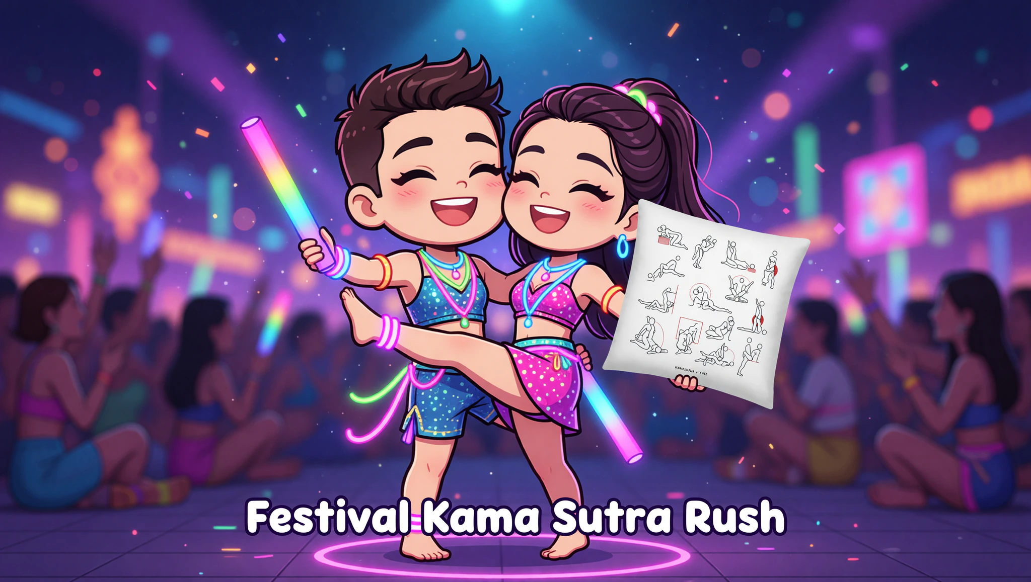 Man and woman couple locked in a steamy standing Kama Sutra pose amid glowing festival lights and energy.