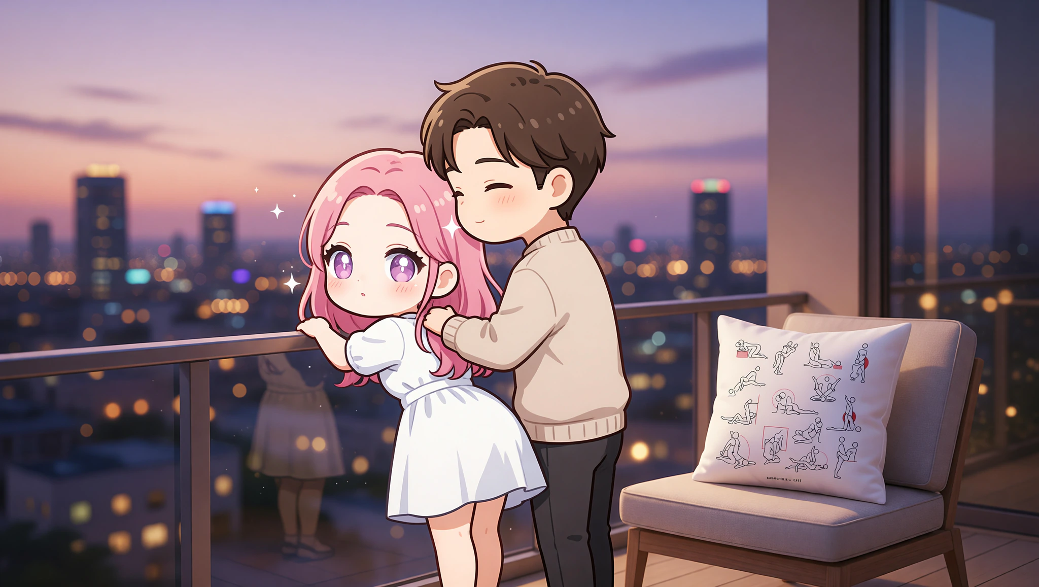 Man and woman sharing a standing intimate moment on a sunset hotel balcony.