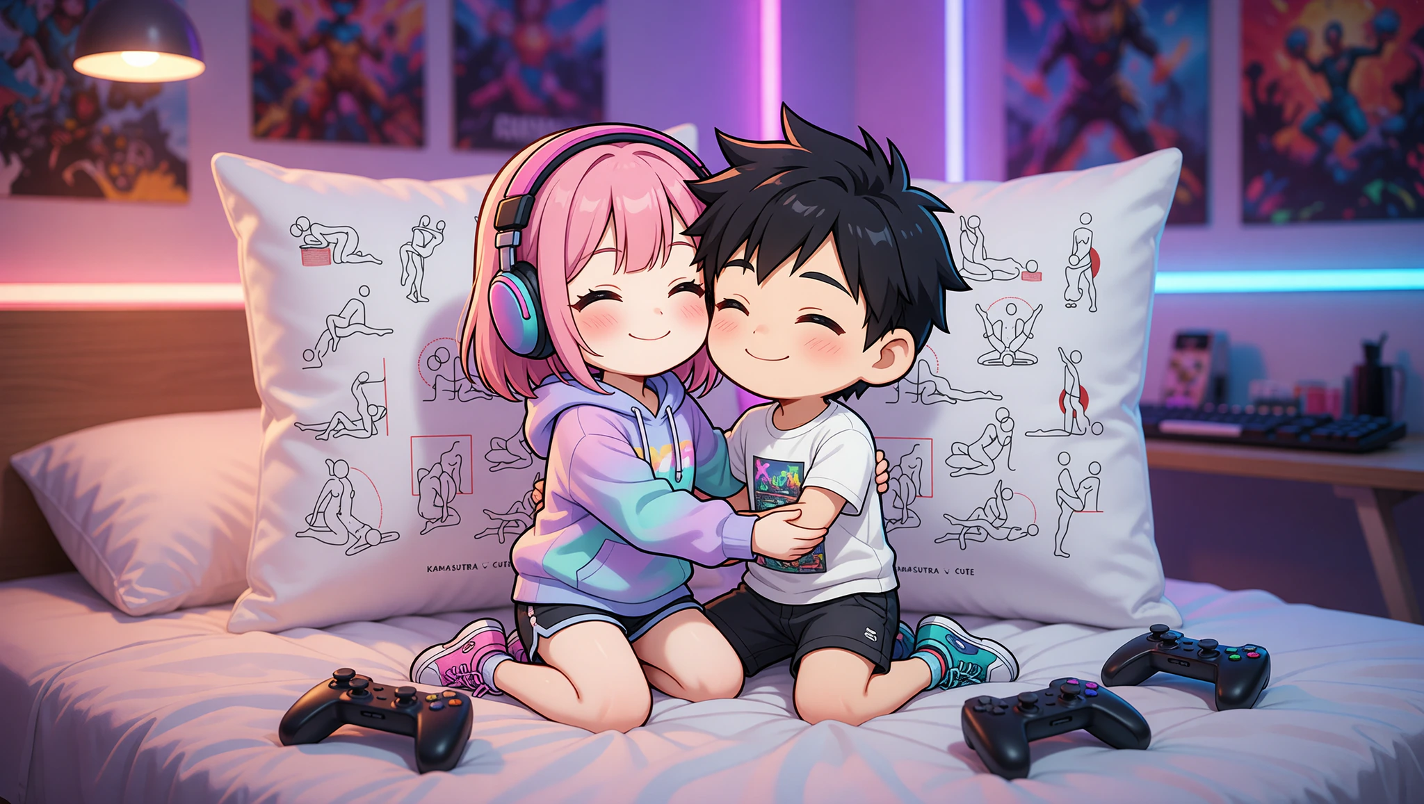 A man and woman gamer couple in a passionate Kama Sutra power play position amid their gaming bedroom setup.