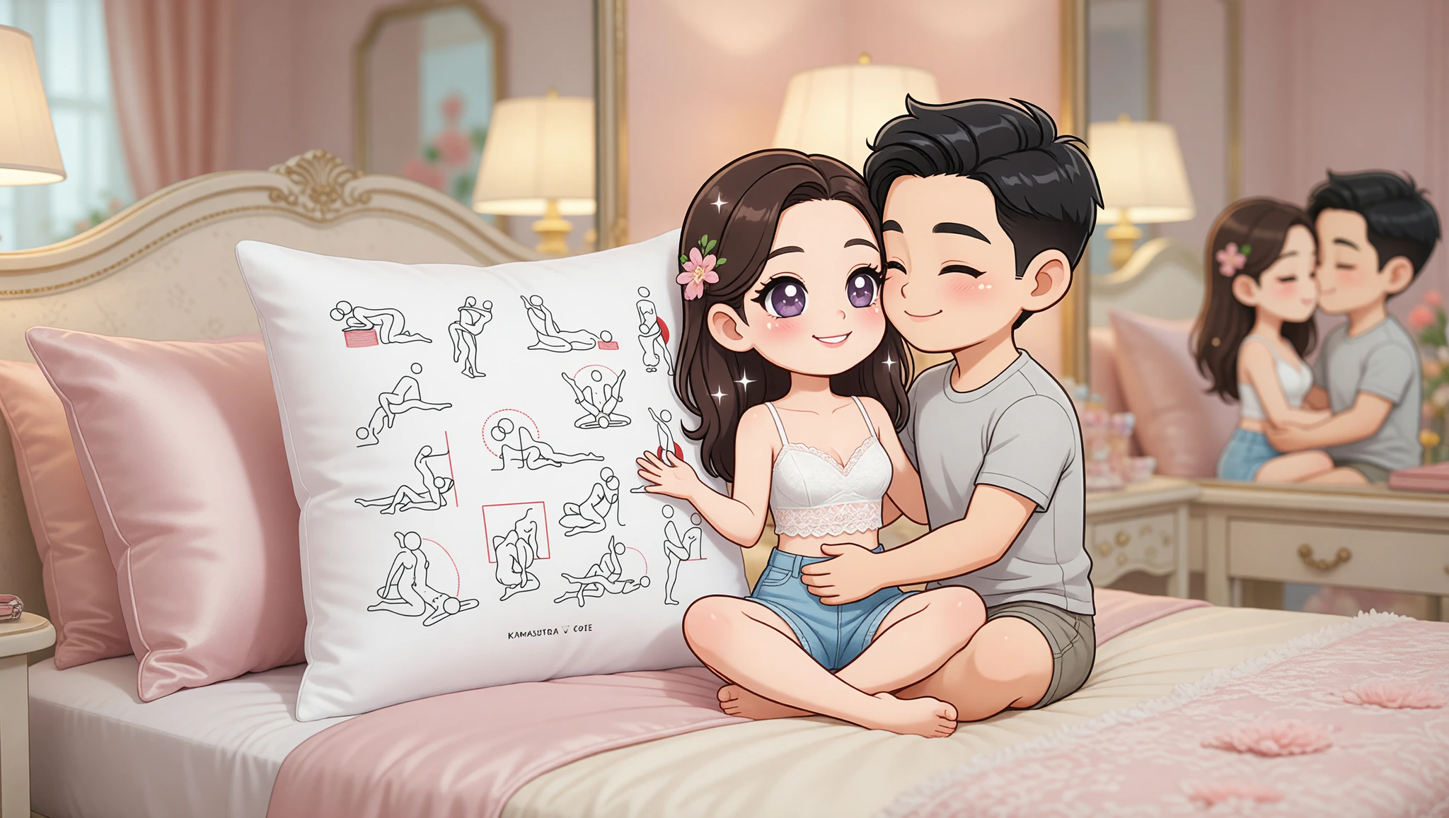 Man and woman in the Lotus Kama Sutra position on a decor-filled bed, radiating aesthetic passion.