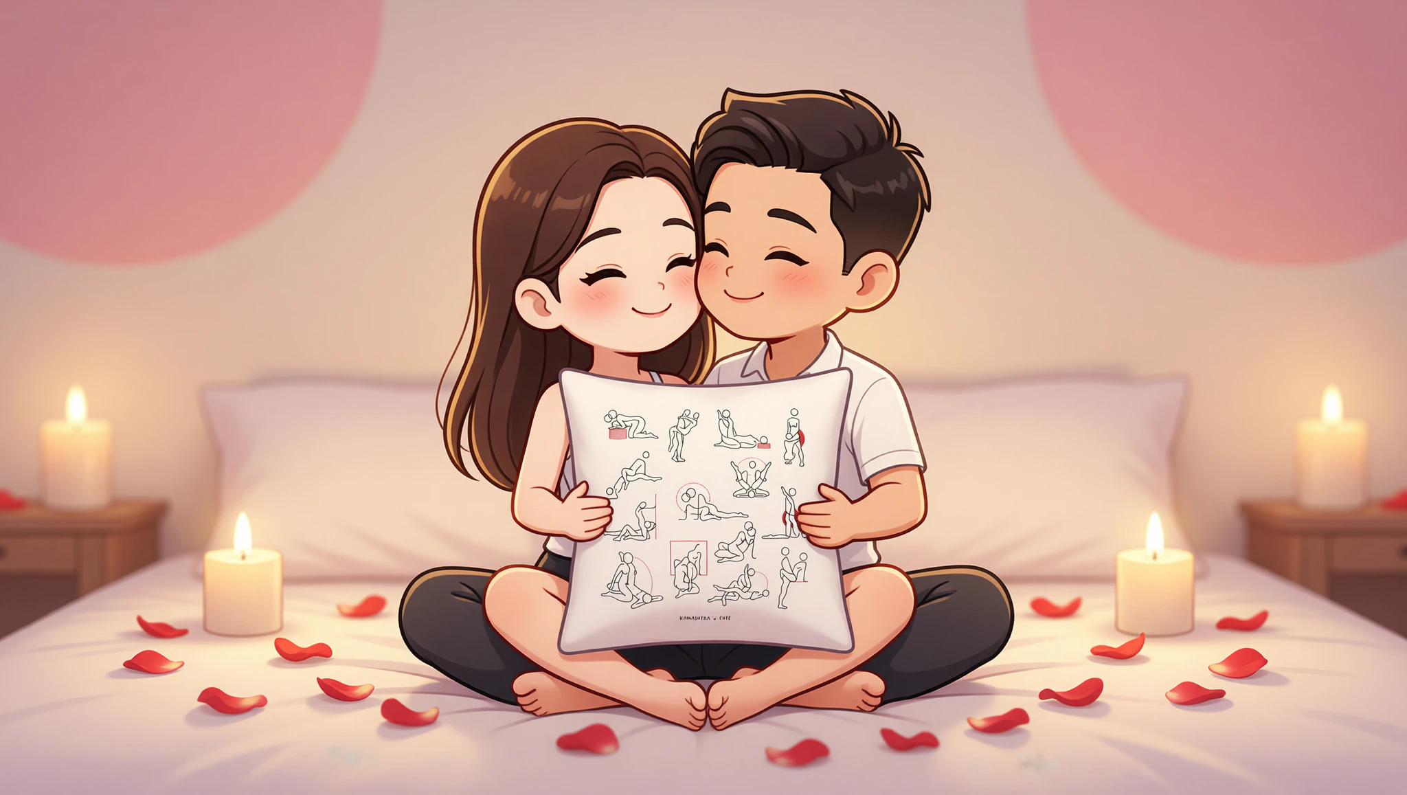 A loving couple intertwined in a Kama Sutra lotus pose, celebrating anniversary intimacy.