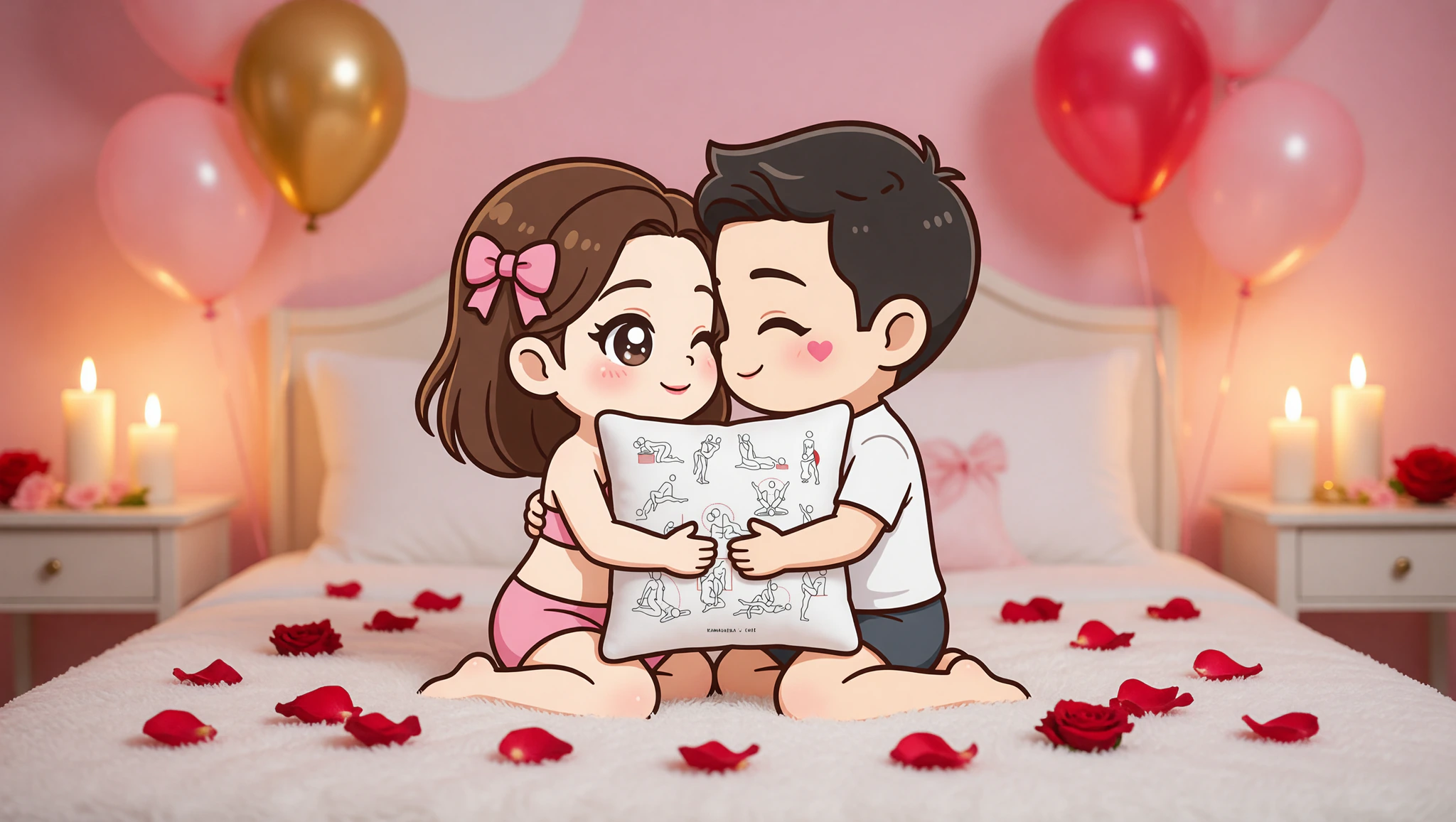 Heterosexual couple intimately entwined in a Kama Sutra lotus pose amid anniversary rose petals and candlelight.