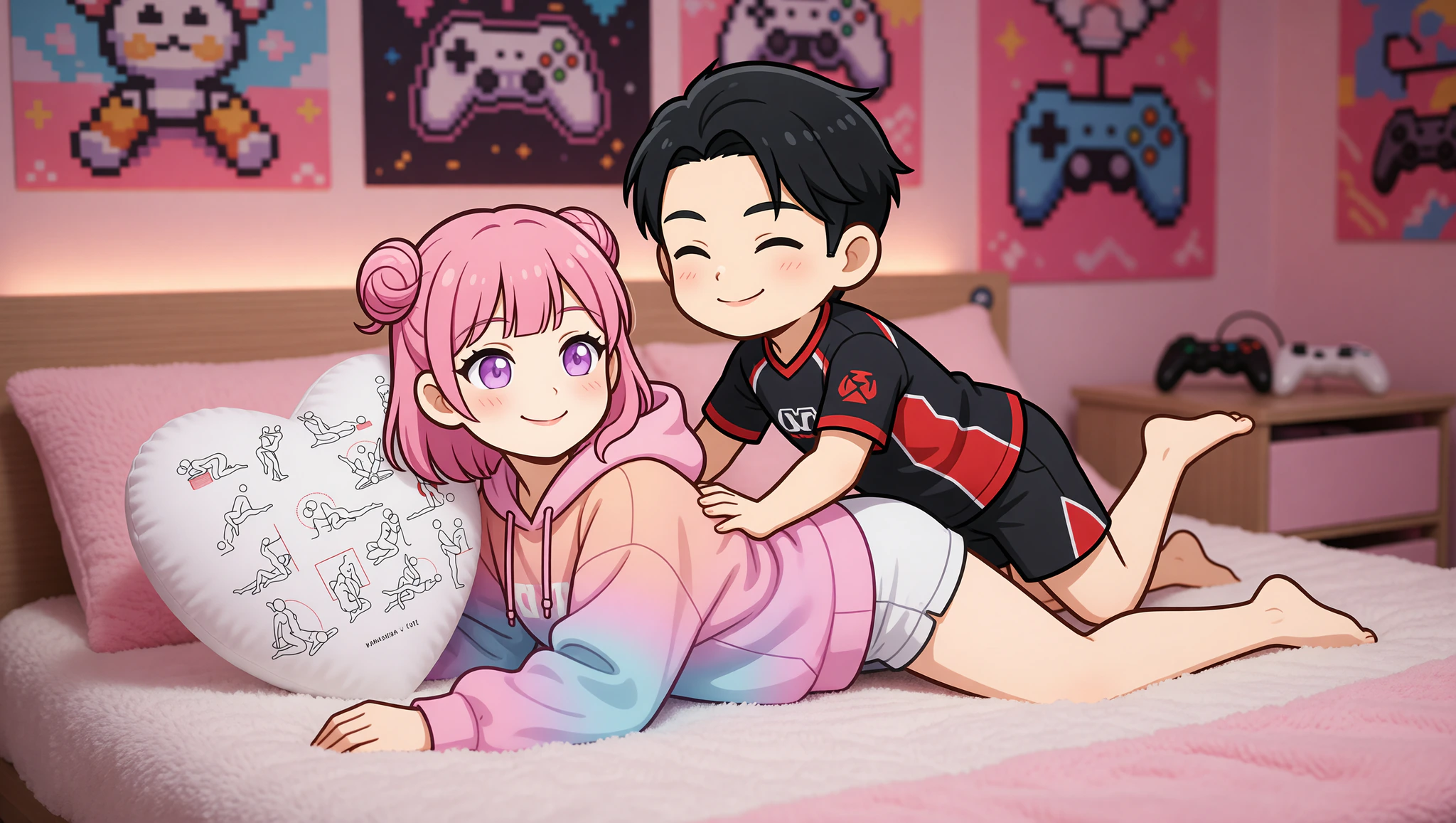 Gamer couple in bedroom demonstrating Kama Sutra power play with pillow prop amid gaming setup.