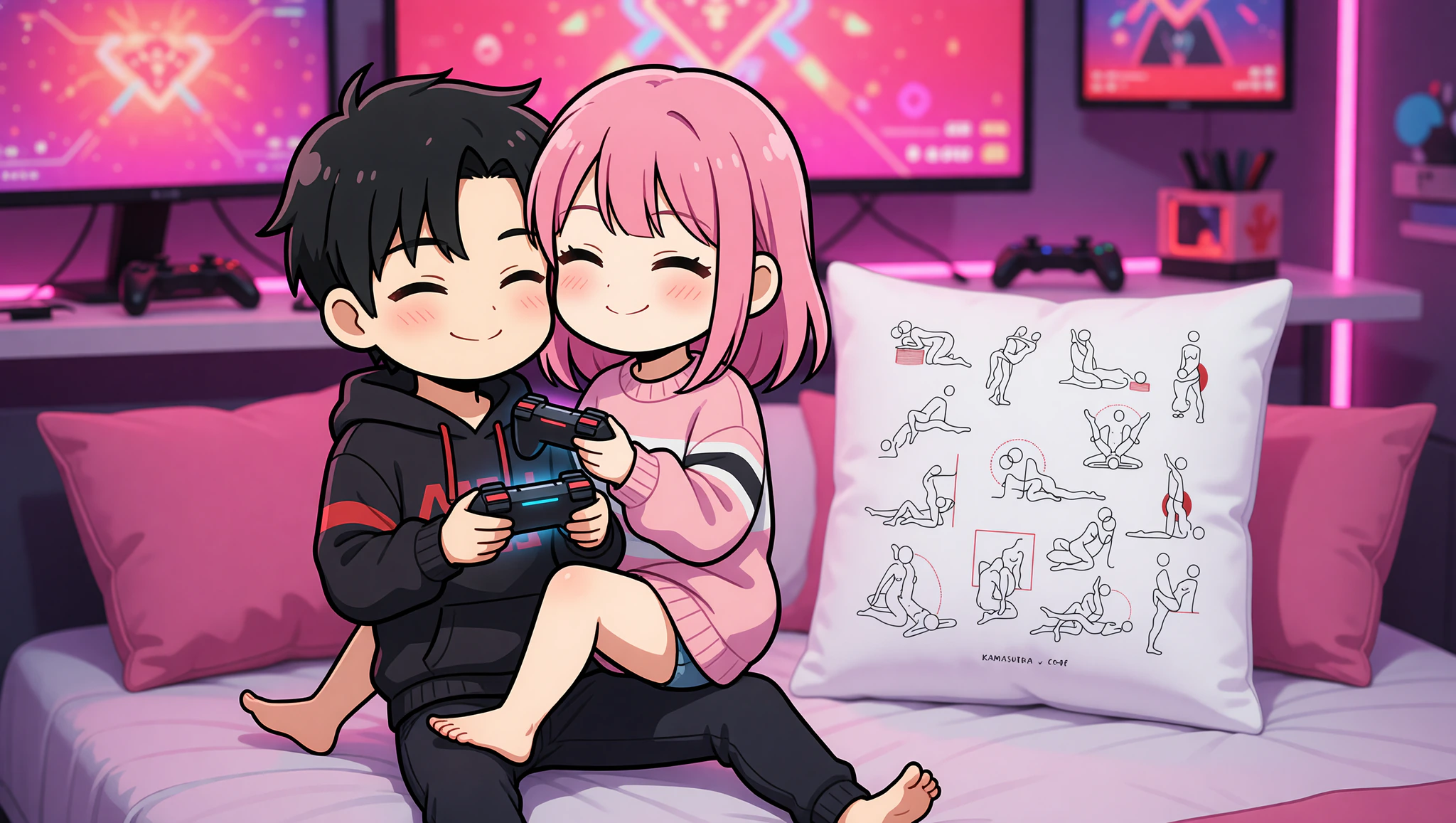 Excited gamer couple enjoying a Kama Sutra power play position in their themed bedroom.