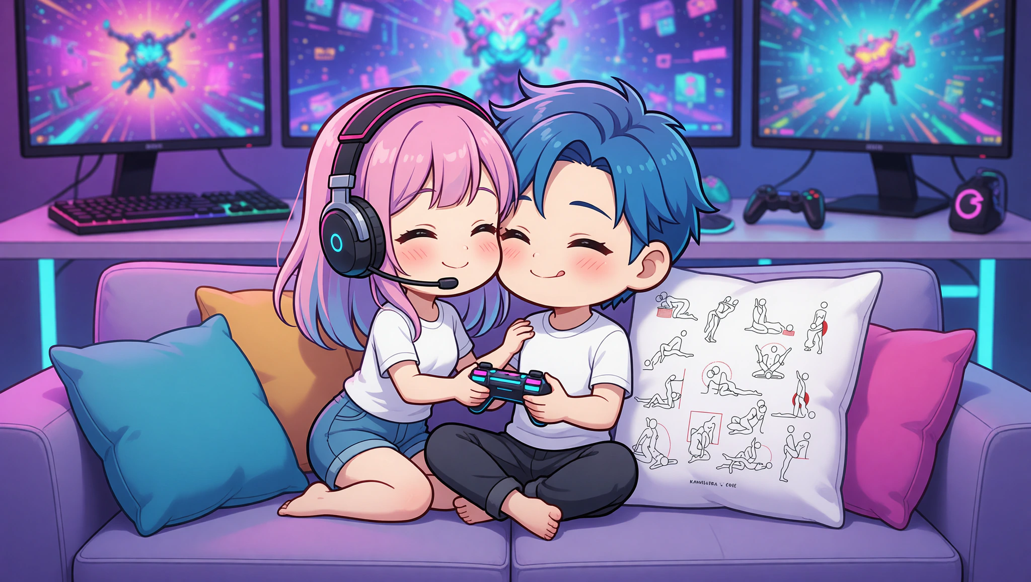 Excited gamer couple in a Kama Sutra lotus position on their gaming couch surrounded by controllers.