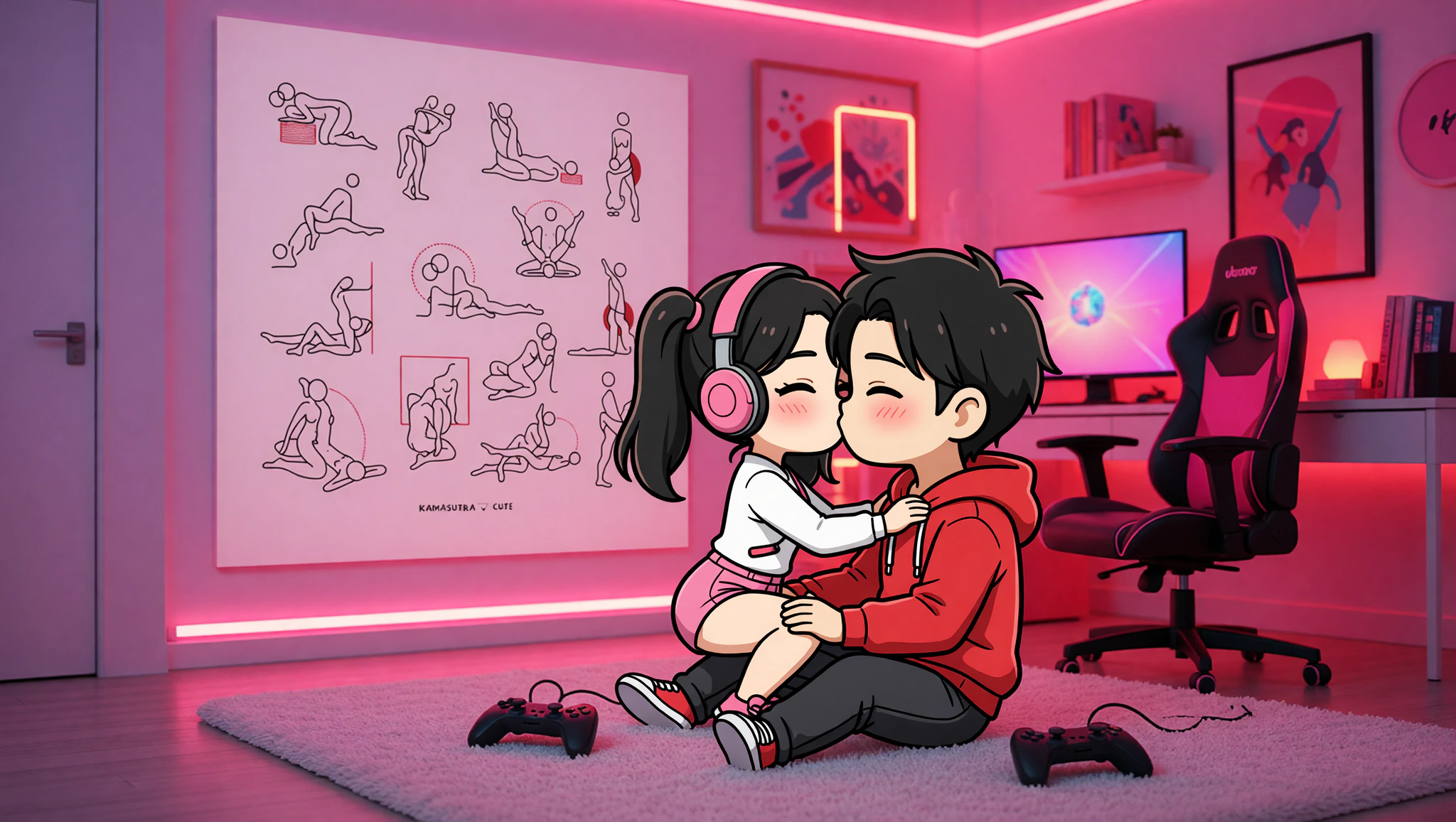 A man and woman couple enjoying a gamer-themed Kama Sutra position in a bedroom setup with gaming elements.