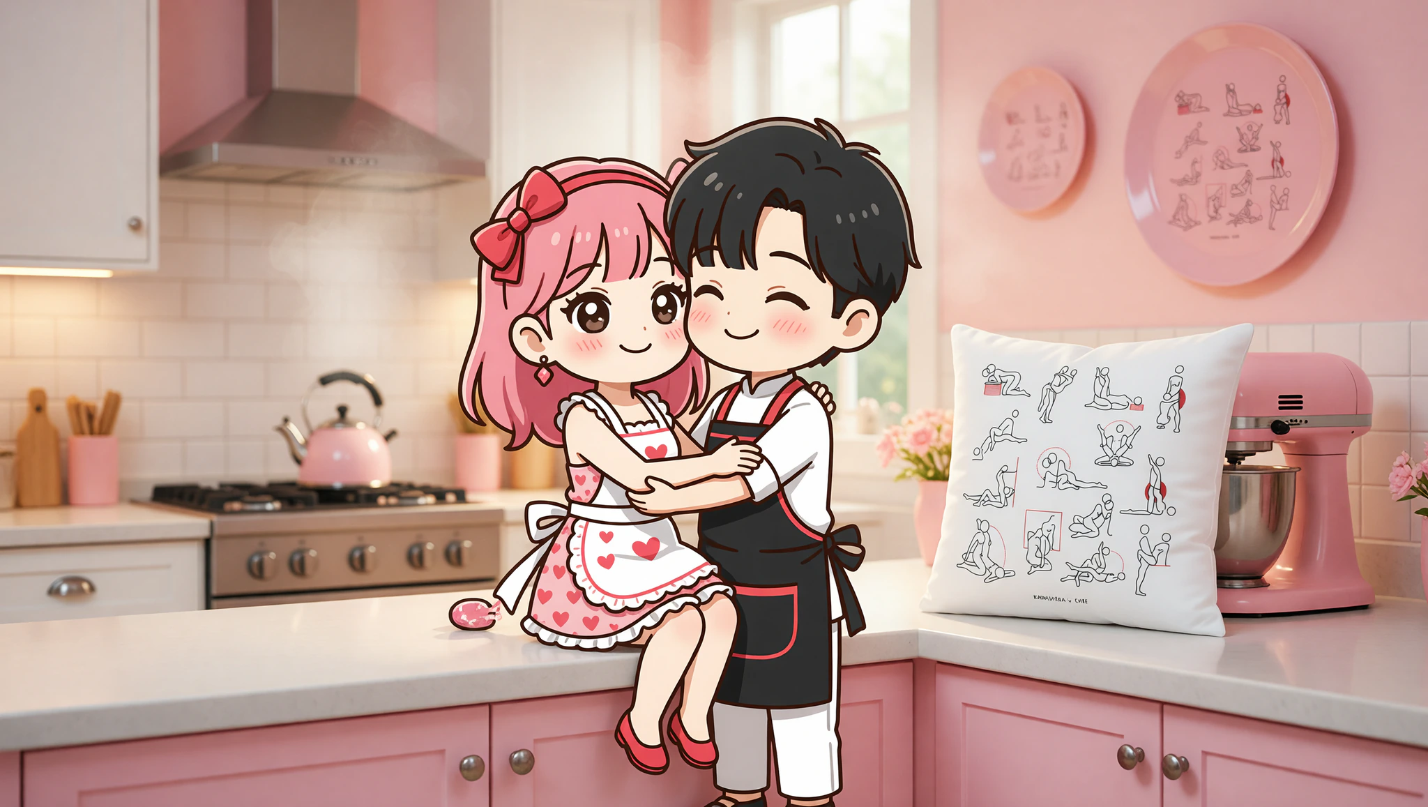 A man and woman passionately entwined on the kitchen counter in a steamy Kama Sutra embrace.