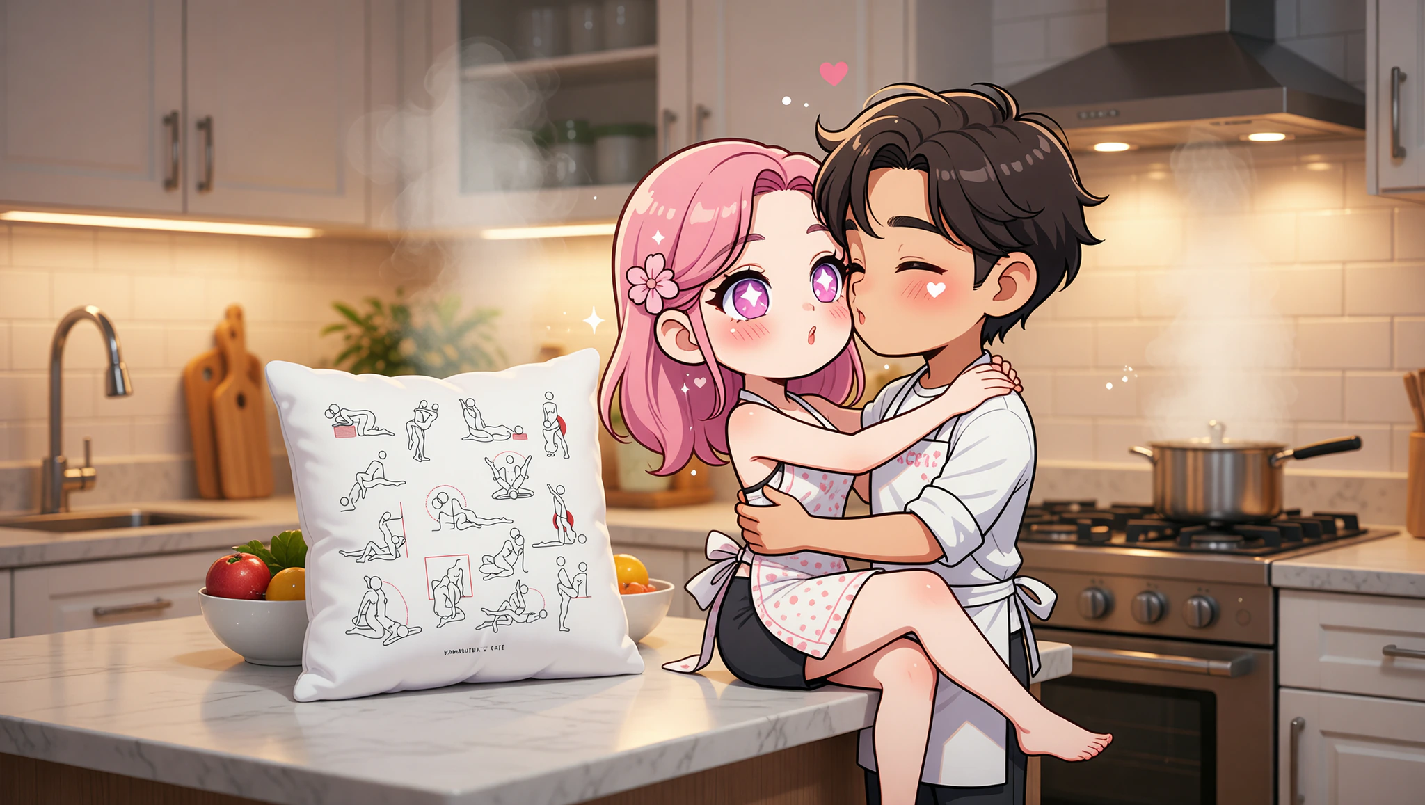 A loving couple exploring intimate Kitchen Kama Sutra position on the countertop.