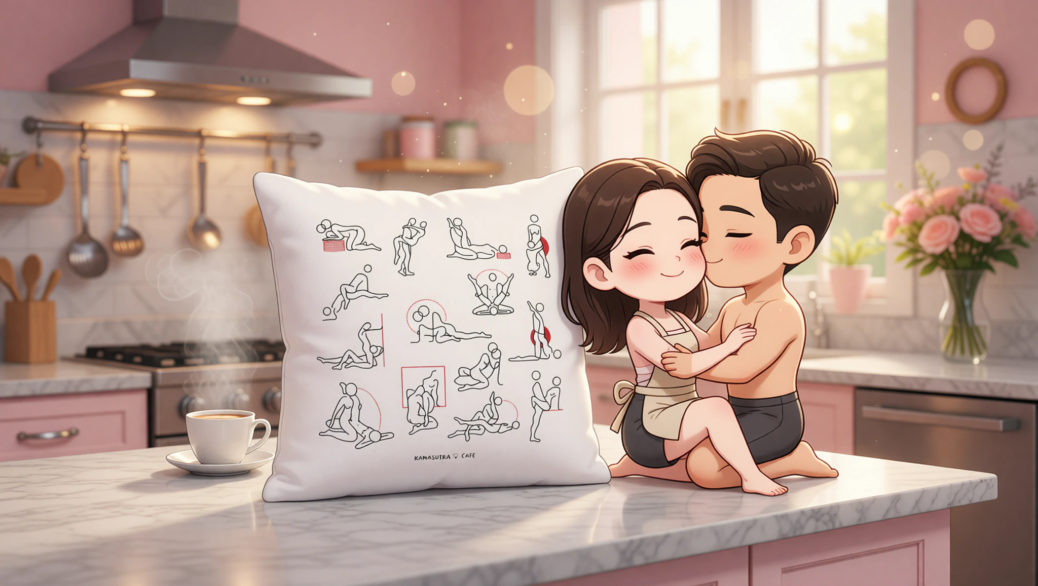 A heterosexual couple in an erotic Kama Sutra position on a kitchen counter, radiating passion and intimacy.