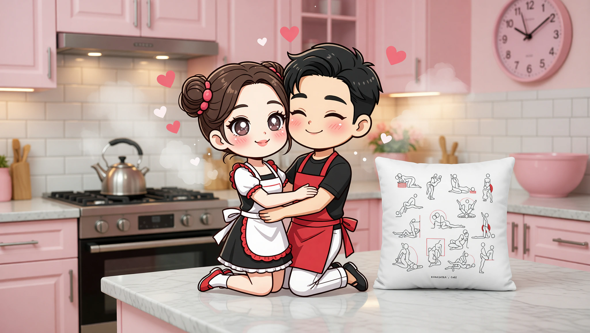 A man and woman locked in an intimate Kama Sutra position atop a sleek kitchen counter, radiating passion and heat.
