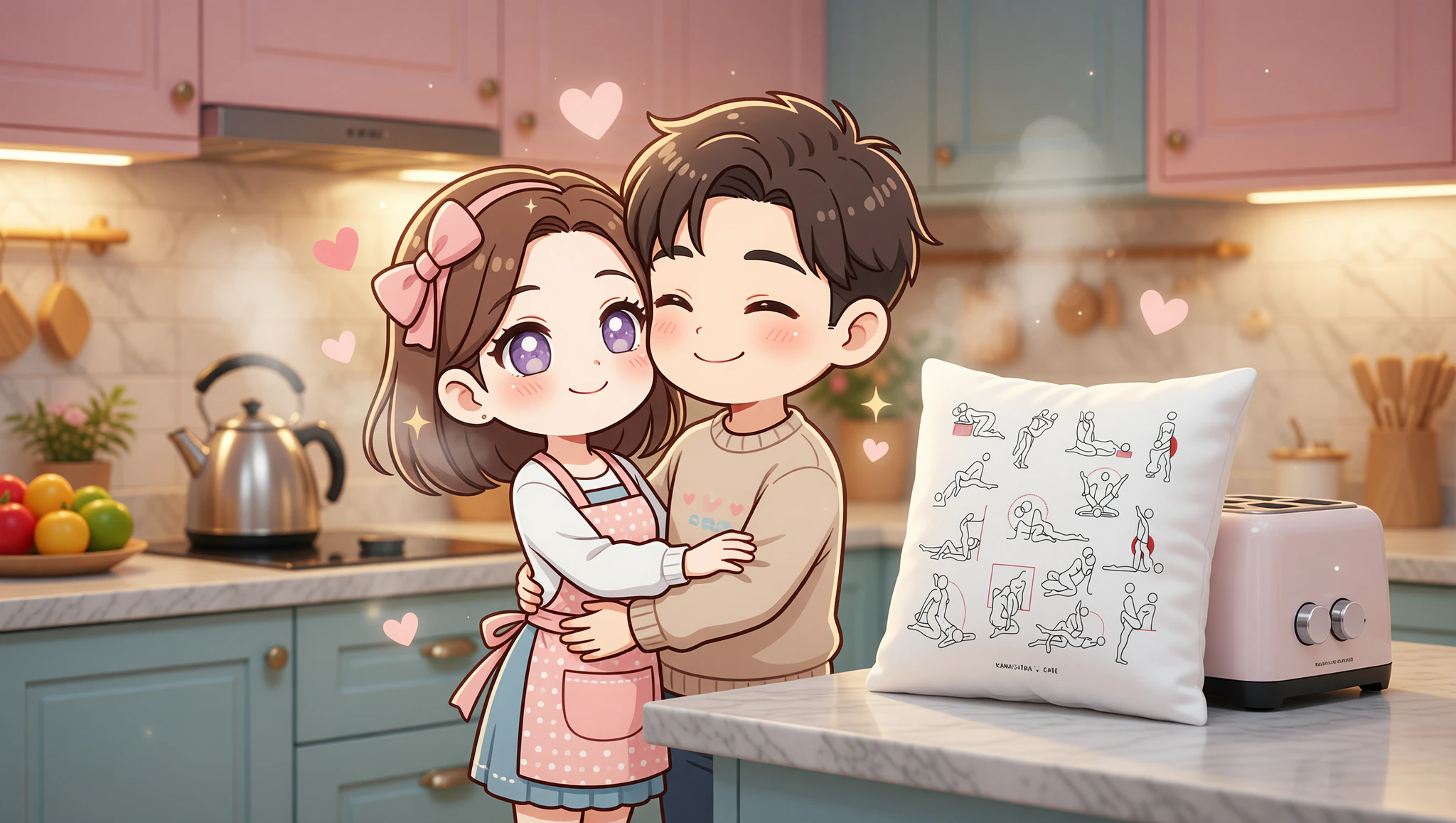 A man and woman teasing each other intimately against a kitchen counter.