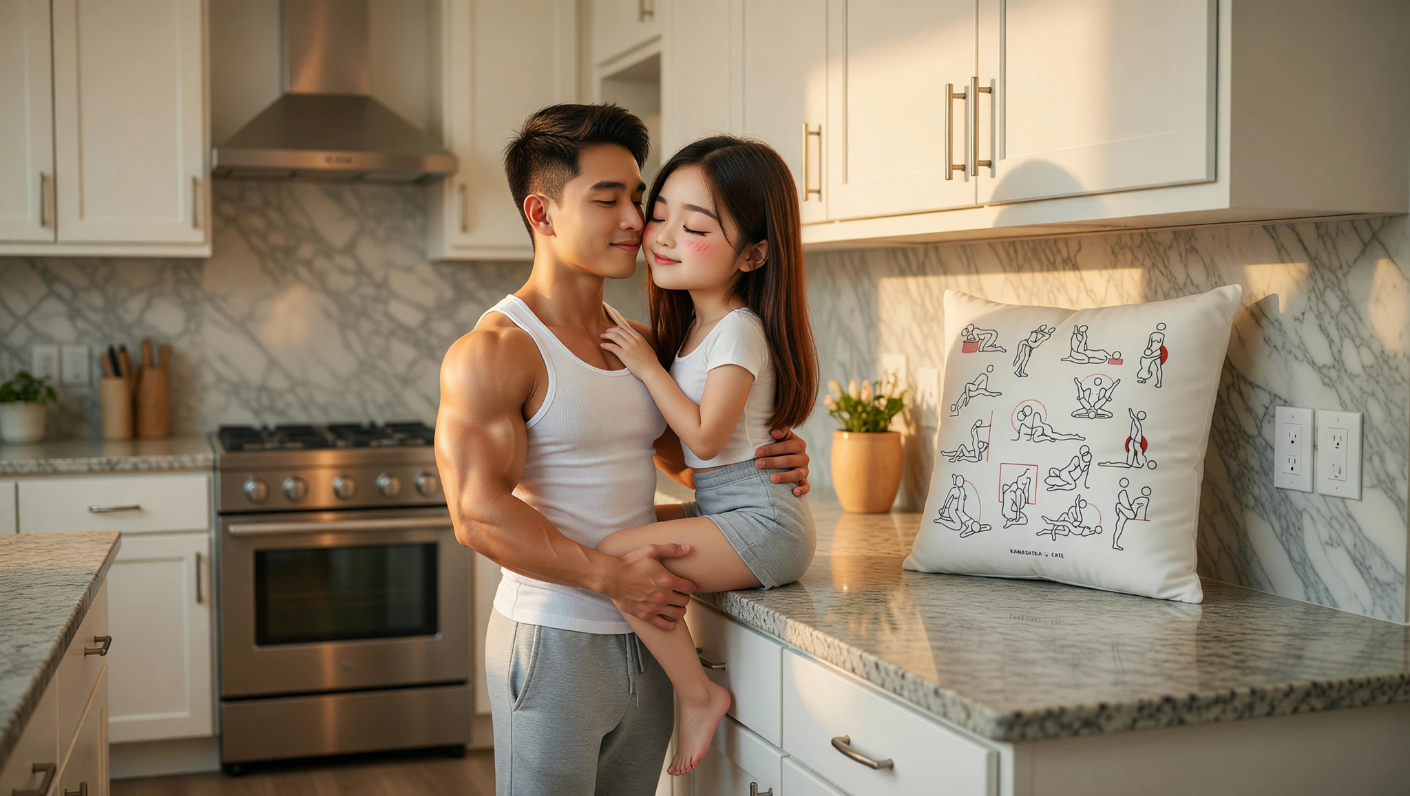 Man and woman embracing passionately on a kitchen counter in a Kama Sutra-inspired pose.