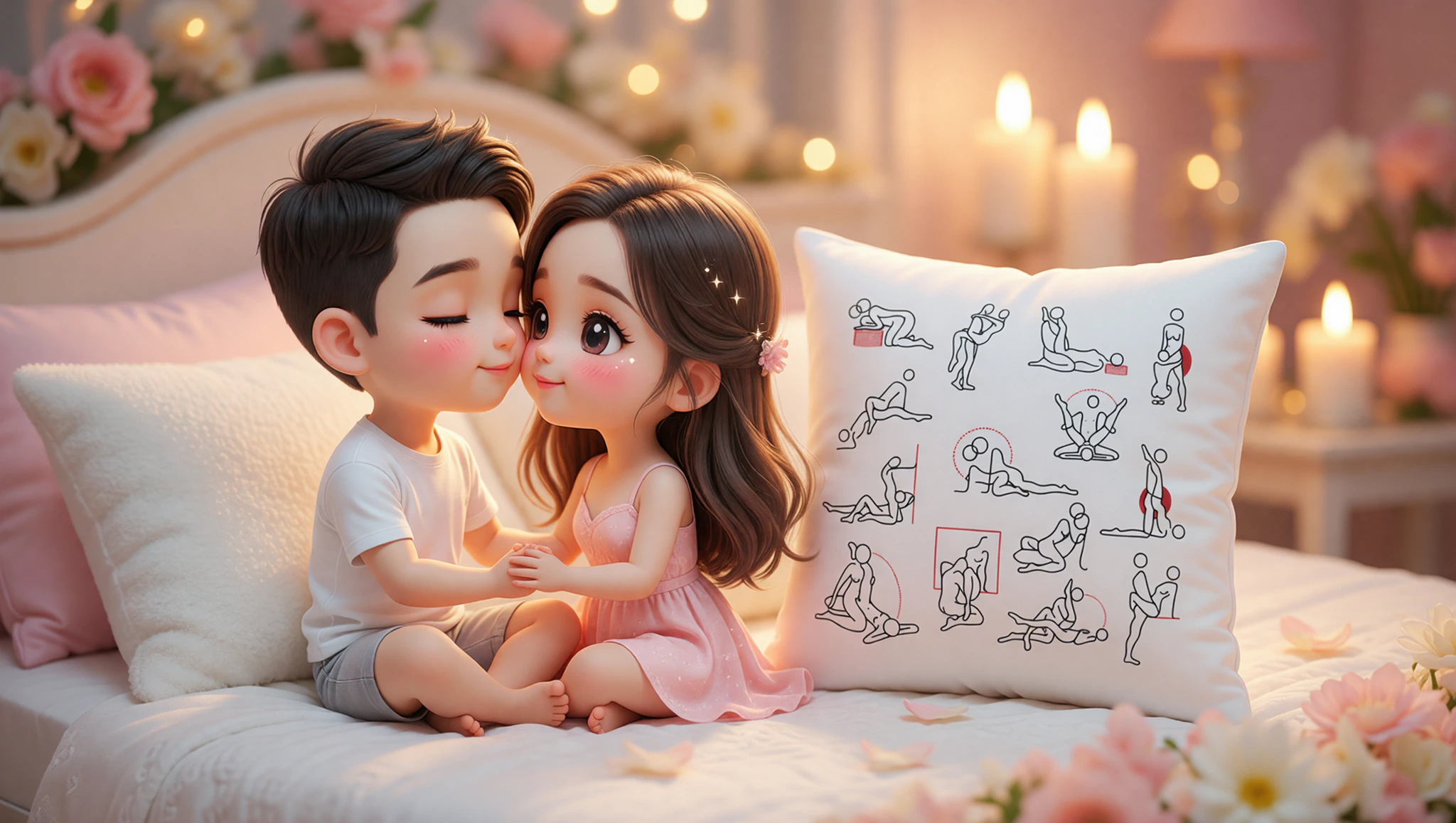 A man and woman in a tender Kama Sutra lotus embrace, sharing intimate connection on a cozy bed.