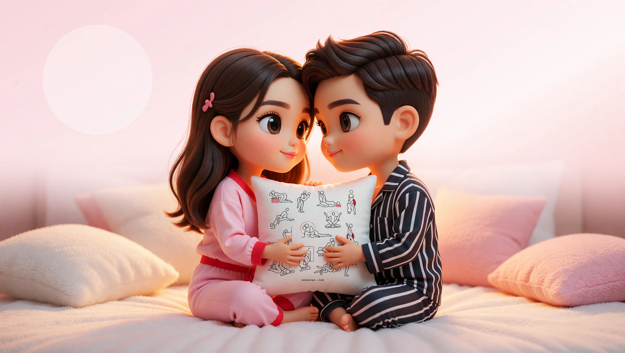 A man and woman sharing an intimate eye-contact moment in the Lotus Kama Sutra position on their bed.