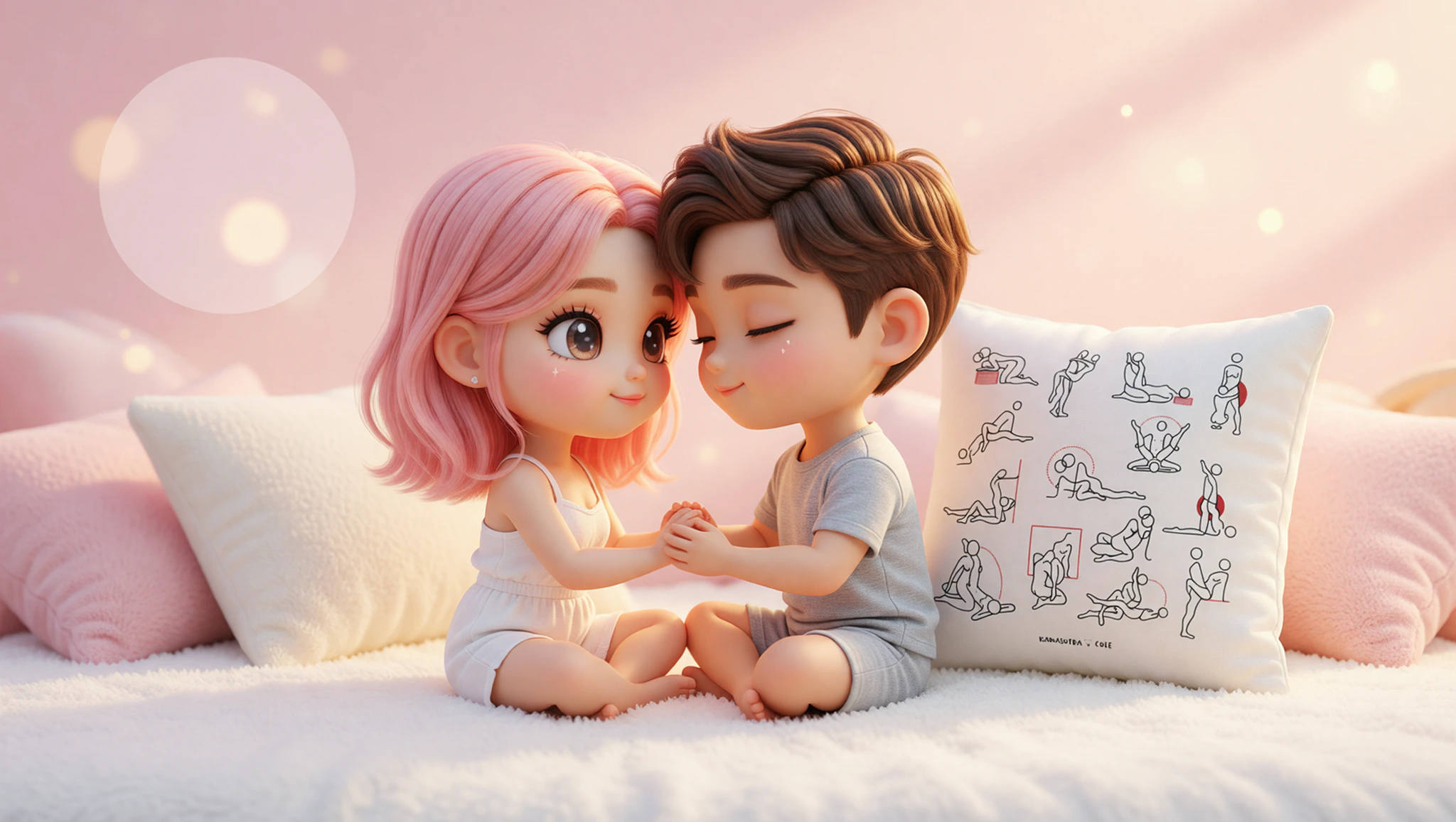 A man and woman couple intimately connected in a Kama Sutra-inspired position, building their bond through eye contact and touch.