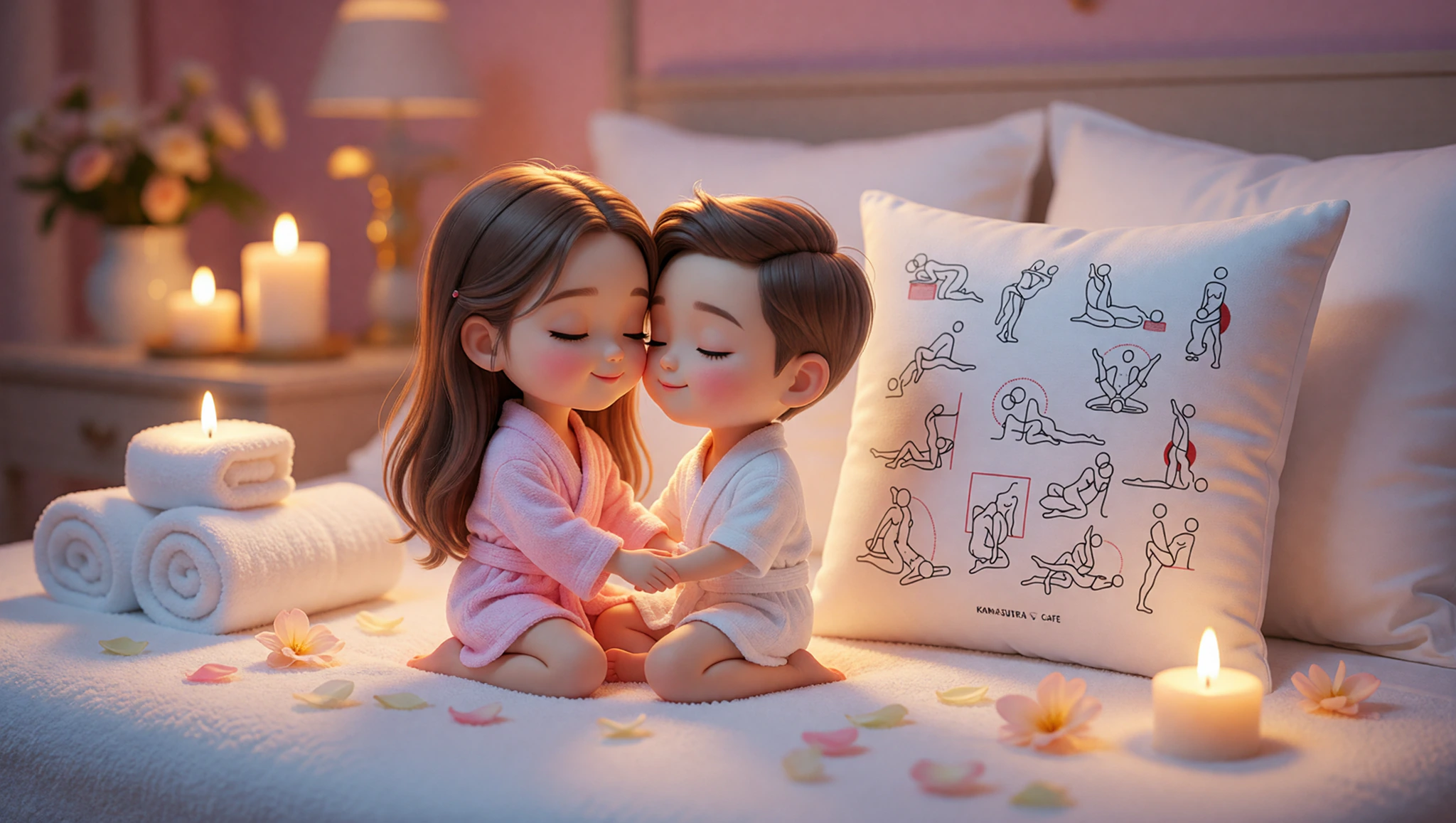 Man and woman locked in a slow lotus Kama Sutra embrace amid spa-like bedroom ambiance.