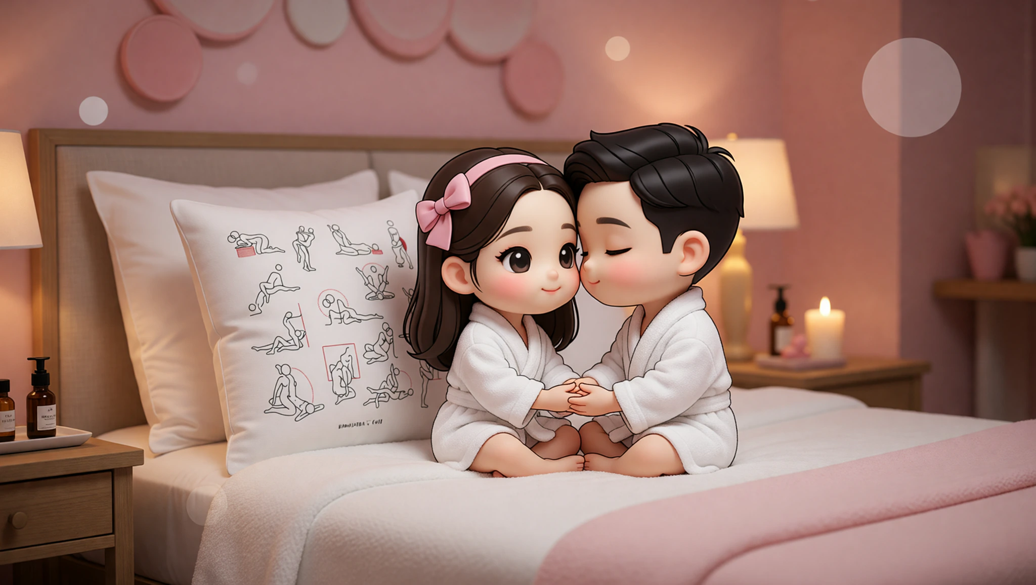 A man and woman couple relaxing in lotus position on a bed surrounded by pillows in a spa-like setting.