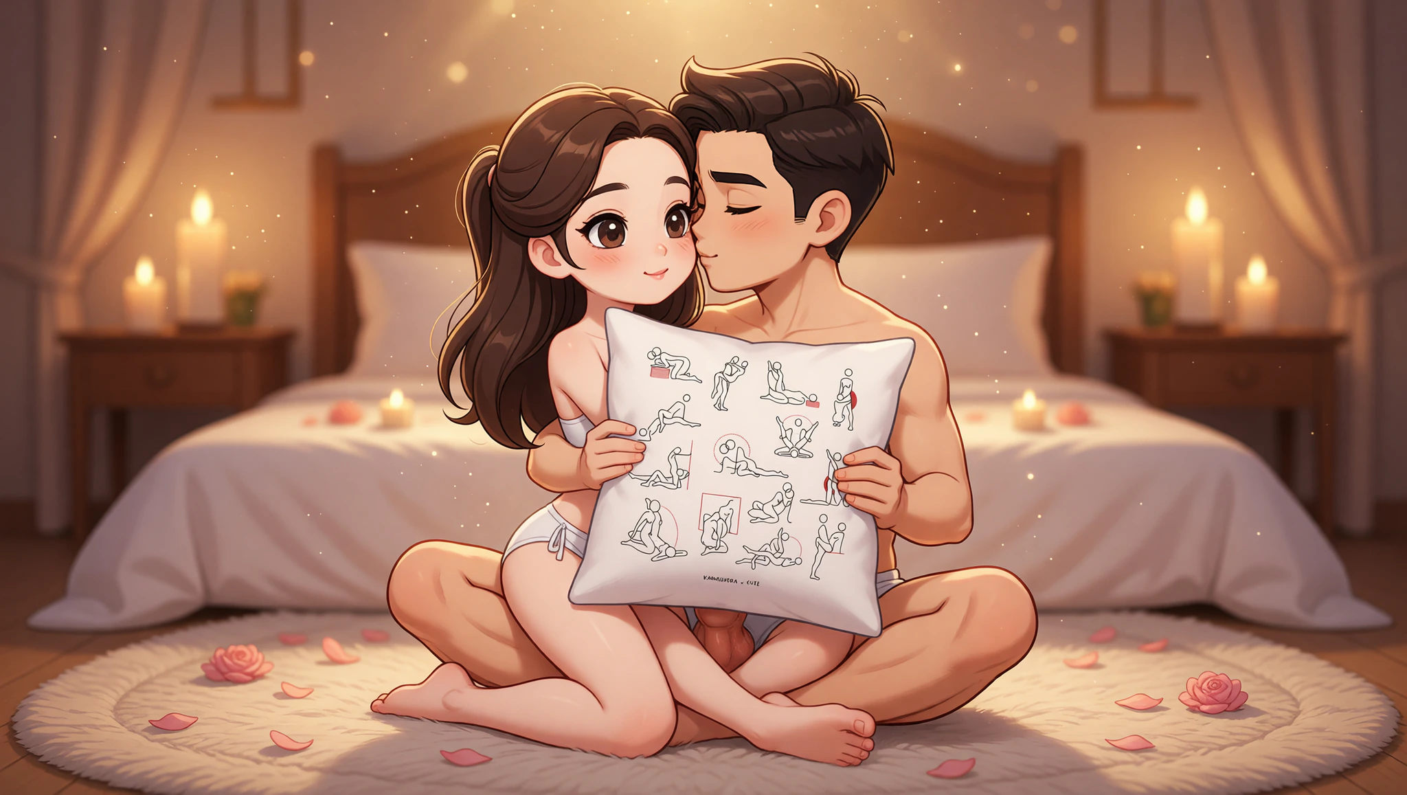 A passionate man and woman locked in the Fiery Lotus Kama Sutra position, sharing intense eye contact and closeness.