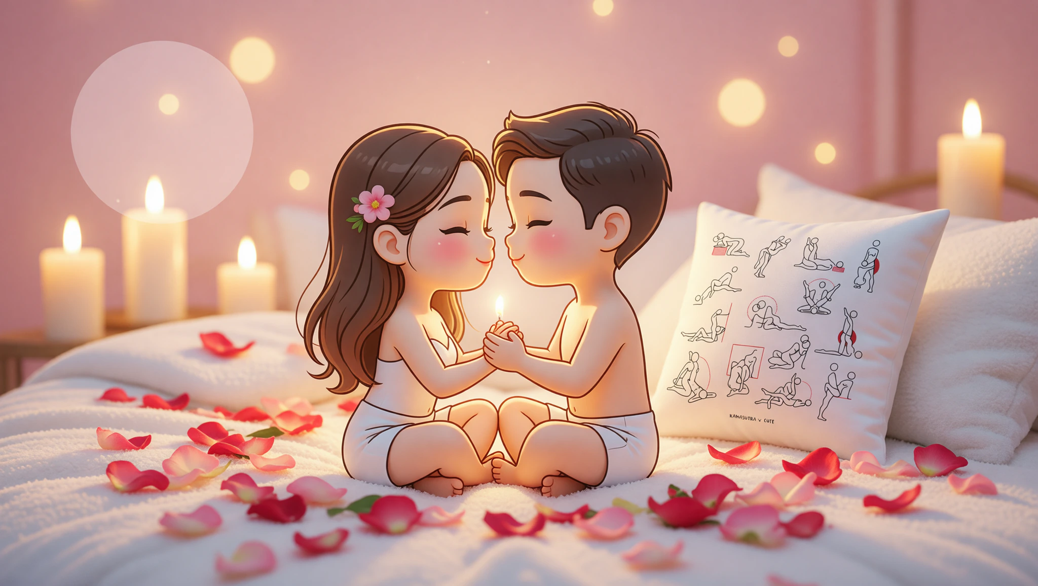 A man and woman couple embracing in a Kama Sutra lotus position surrounded by anniversary romance elements.