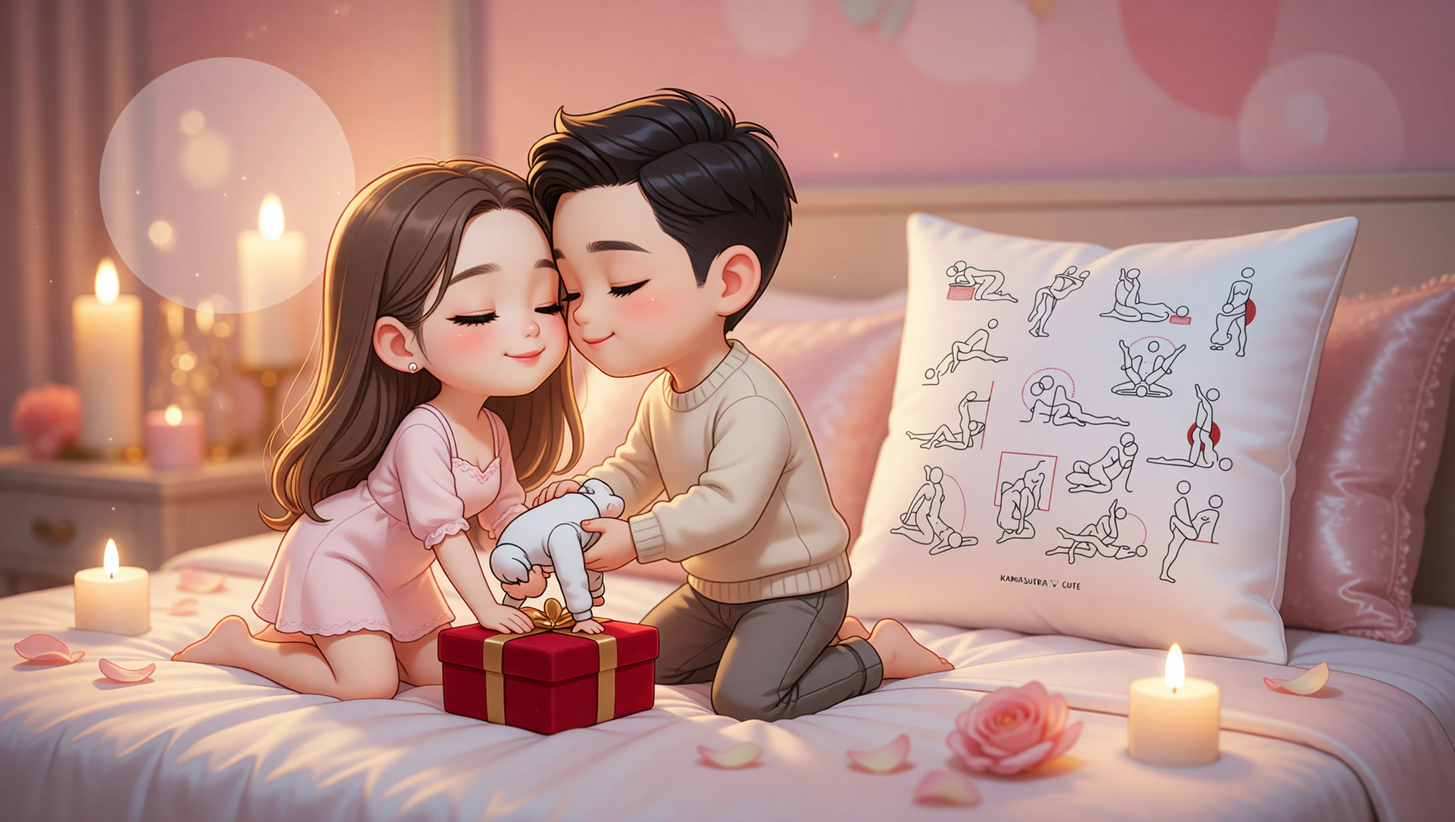 A loving man and woman in an intimate Kama Sutra embrace on their anniversary night.