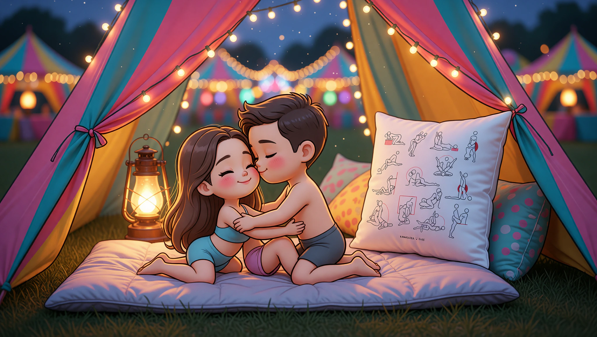A man and a woman sharing a tender Kama Sutra embrace inside a festival tent under soft lighting.
