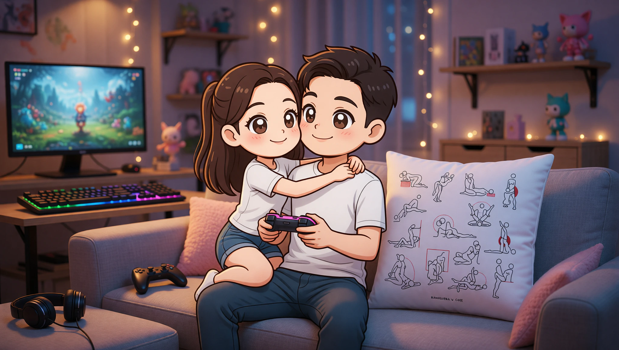 Man and woman couple trying cowgirl Kama Sutra position on couch during gamer night.