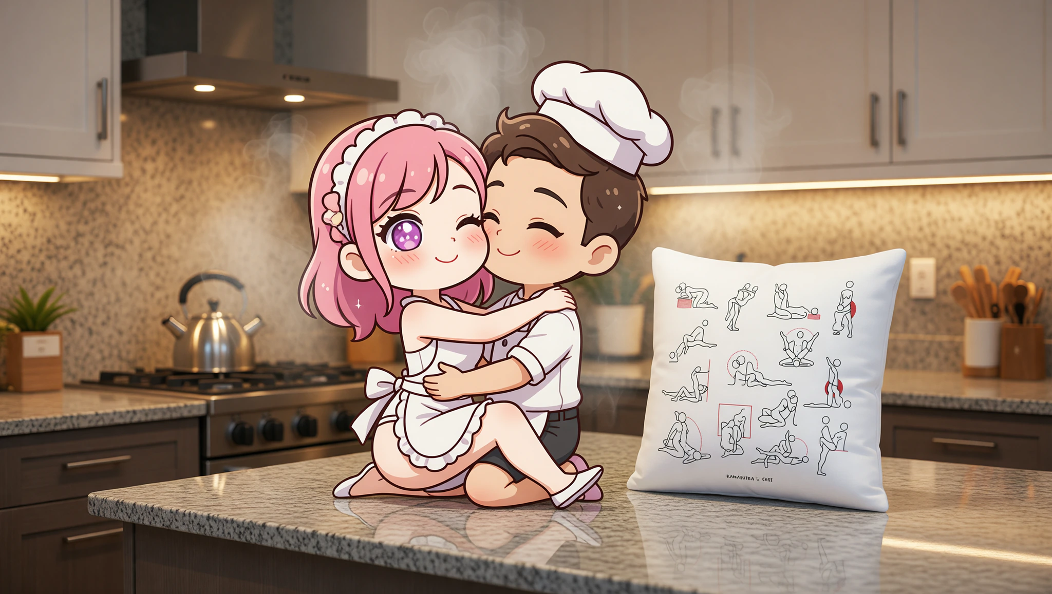 A man and woman passionately intertwined in a Kama Sutra-inspired position on a kitchen countertop.