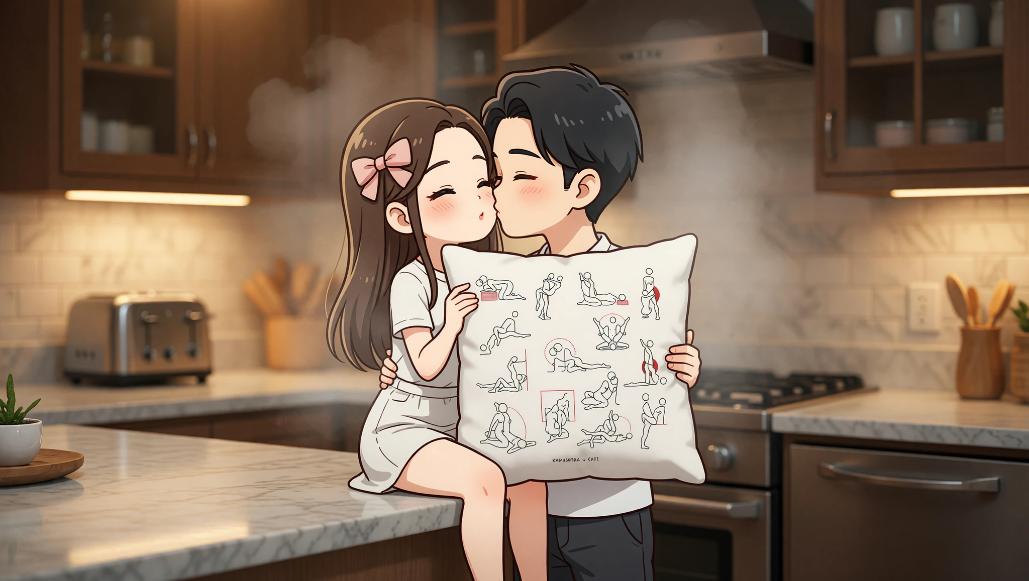 A man and woman intimately exploring a countertop Kama Sutra position in a cozy kitchen.
