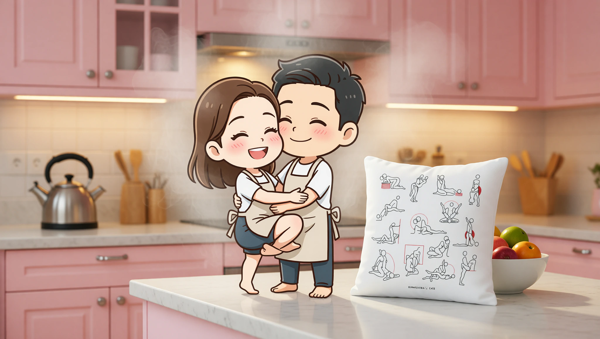 A man and woman passionately embracing in the countertop Lotus Kama Sutra pose on a kitchen counter.