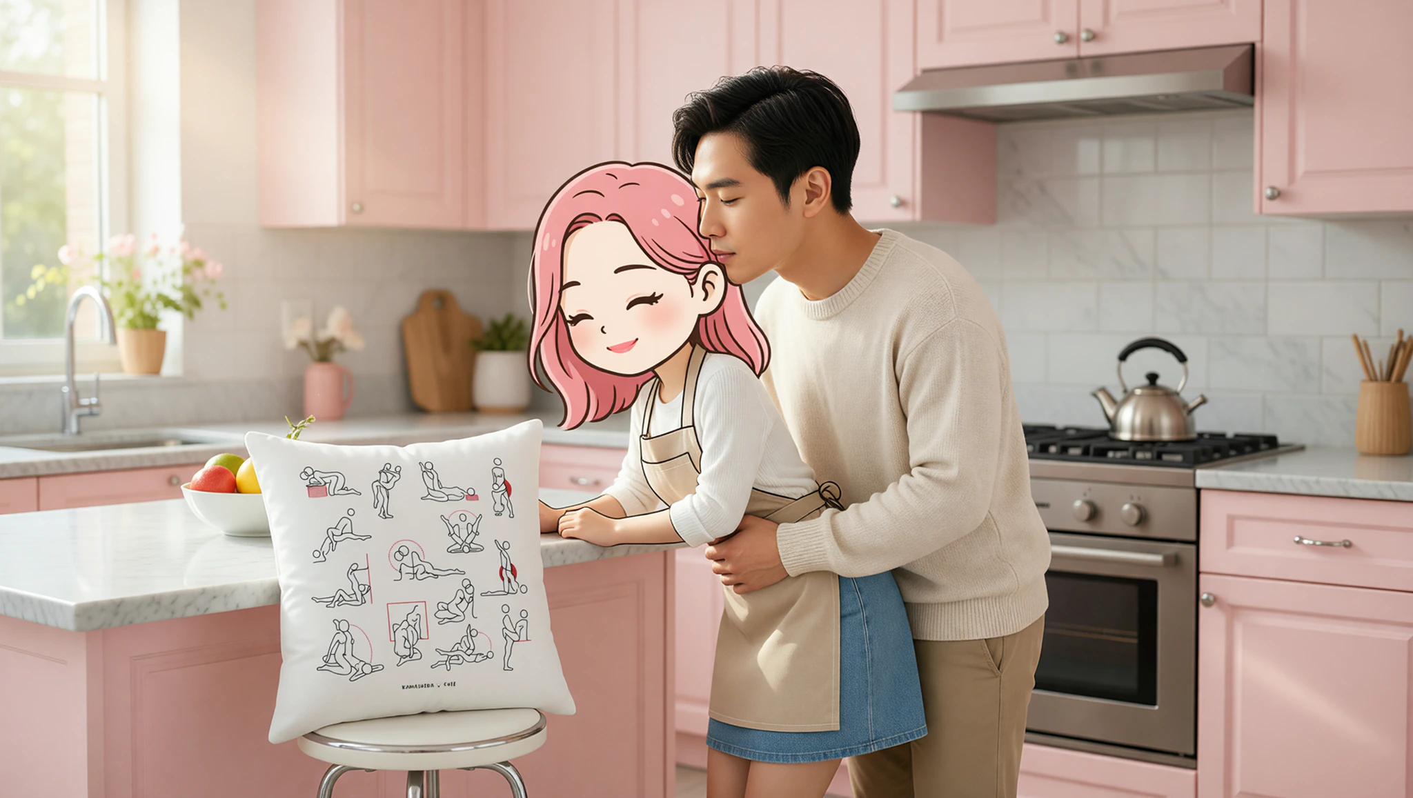 A man and woman trying a leaning counter sex position in their kitchen.