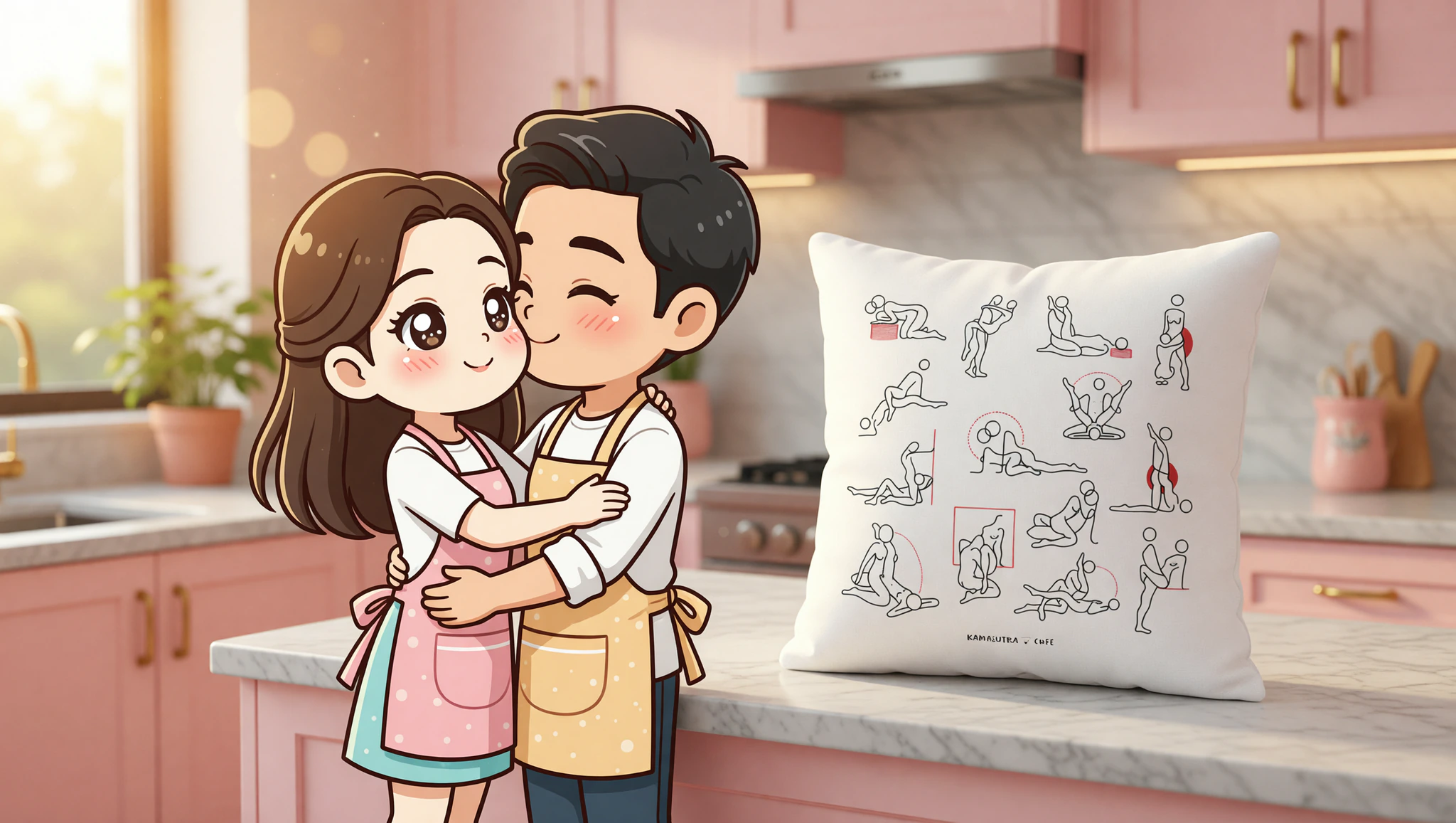 Man and woman in kitchen counter position from Kama Sutra guide.