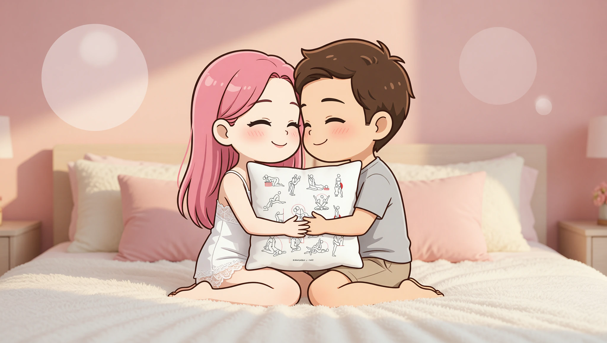 Passionate heterosexual couple reuniting in the Kama Sutra Lotus position on a bed.