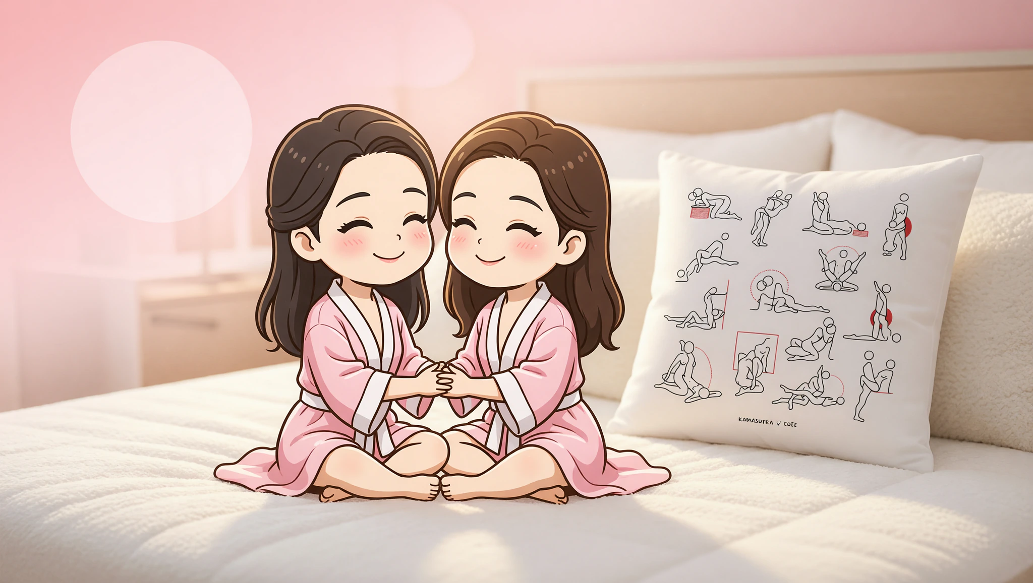 A man and woman newlyweds locked in a tender lotus embrace on their bed.