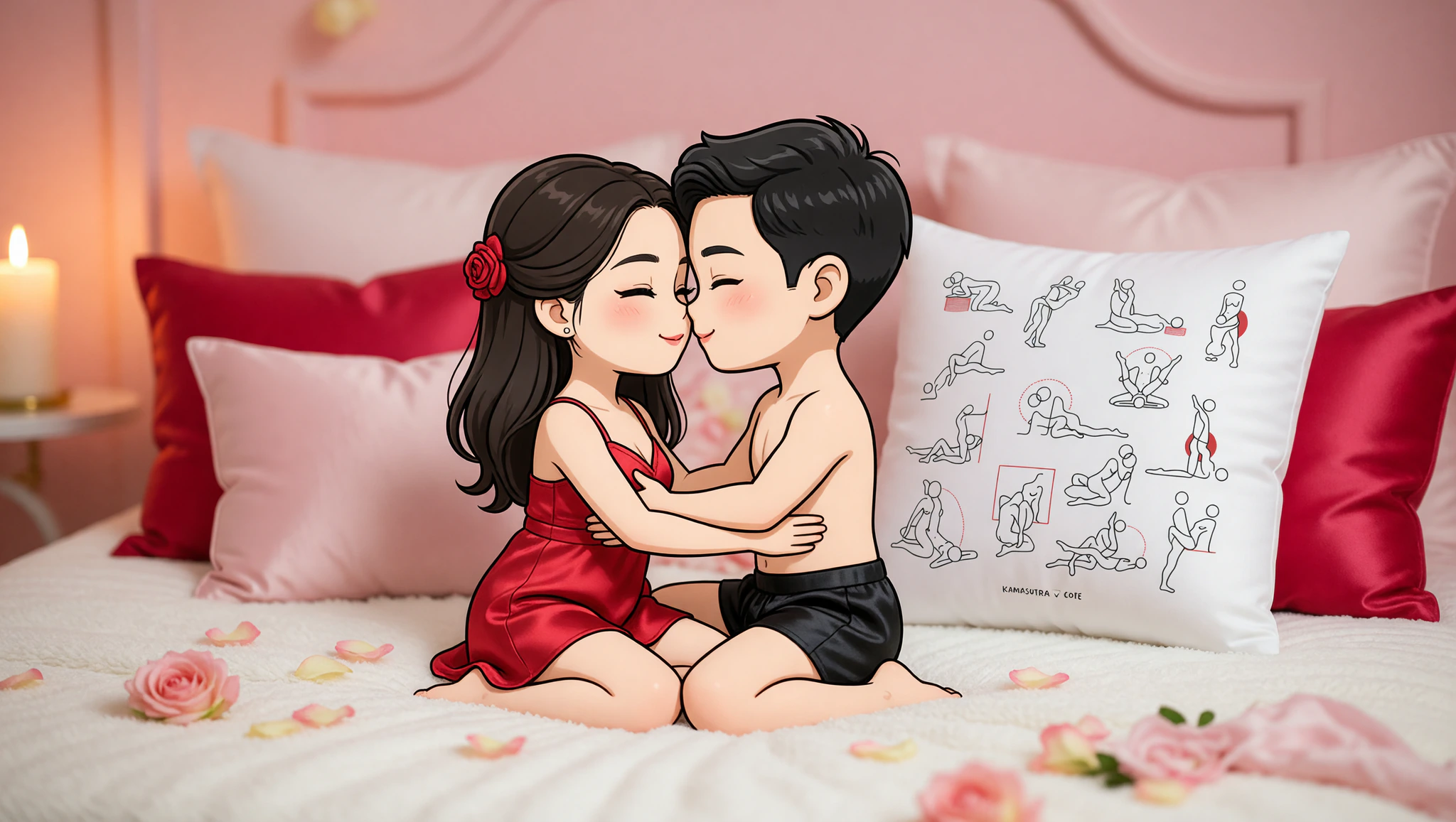 Newlywed couple in intimate Kama Sutra lotus pose on honeymoon bed.