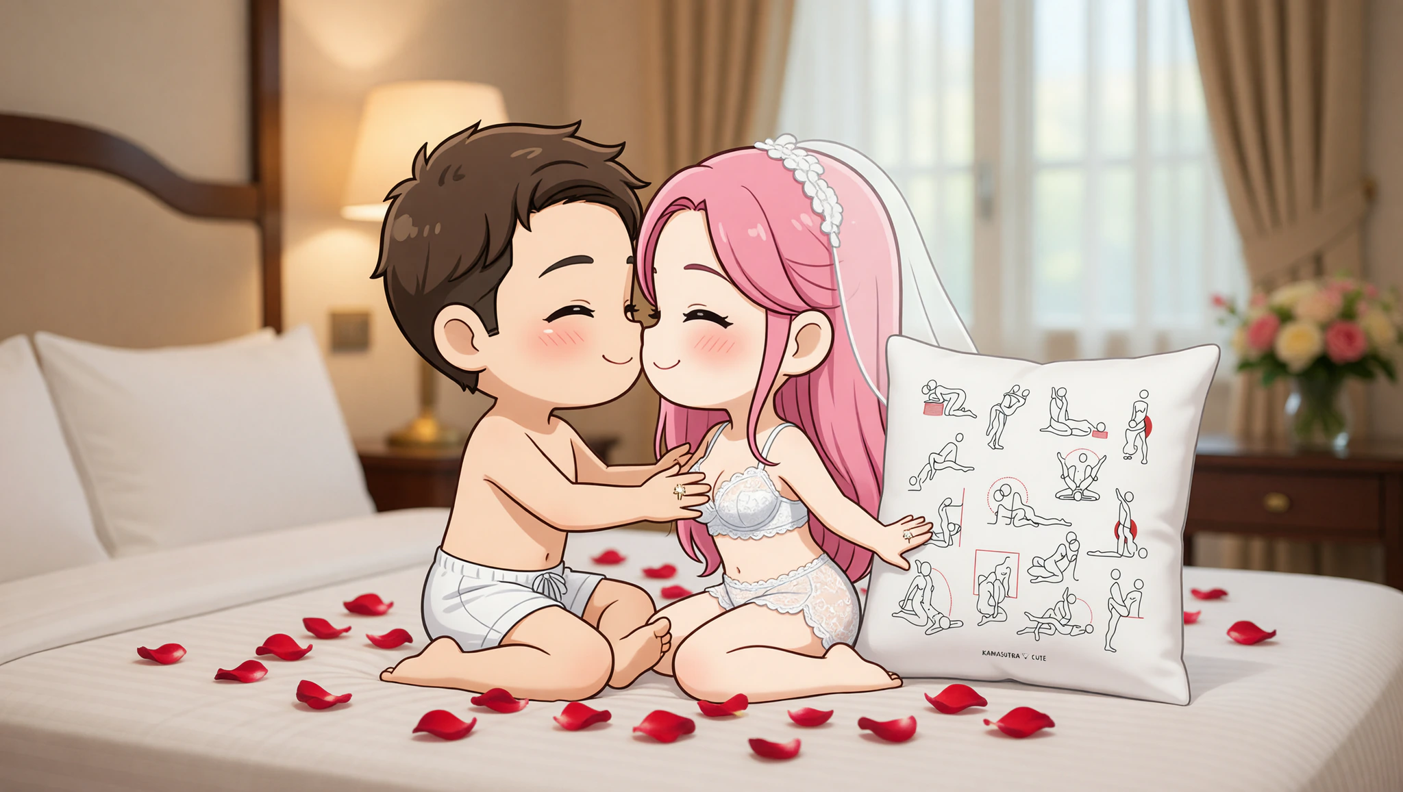 Newlywed couple in Lotus Kama Sutra position sharing an intimate moment on their honeymoon bed.