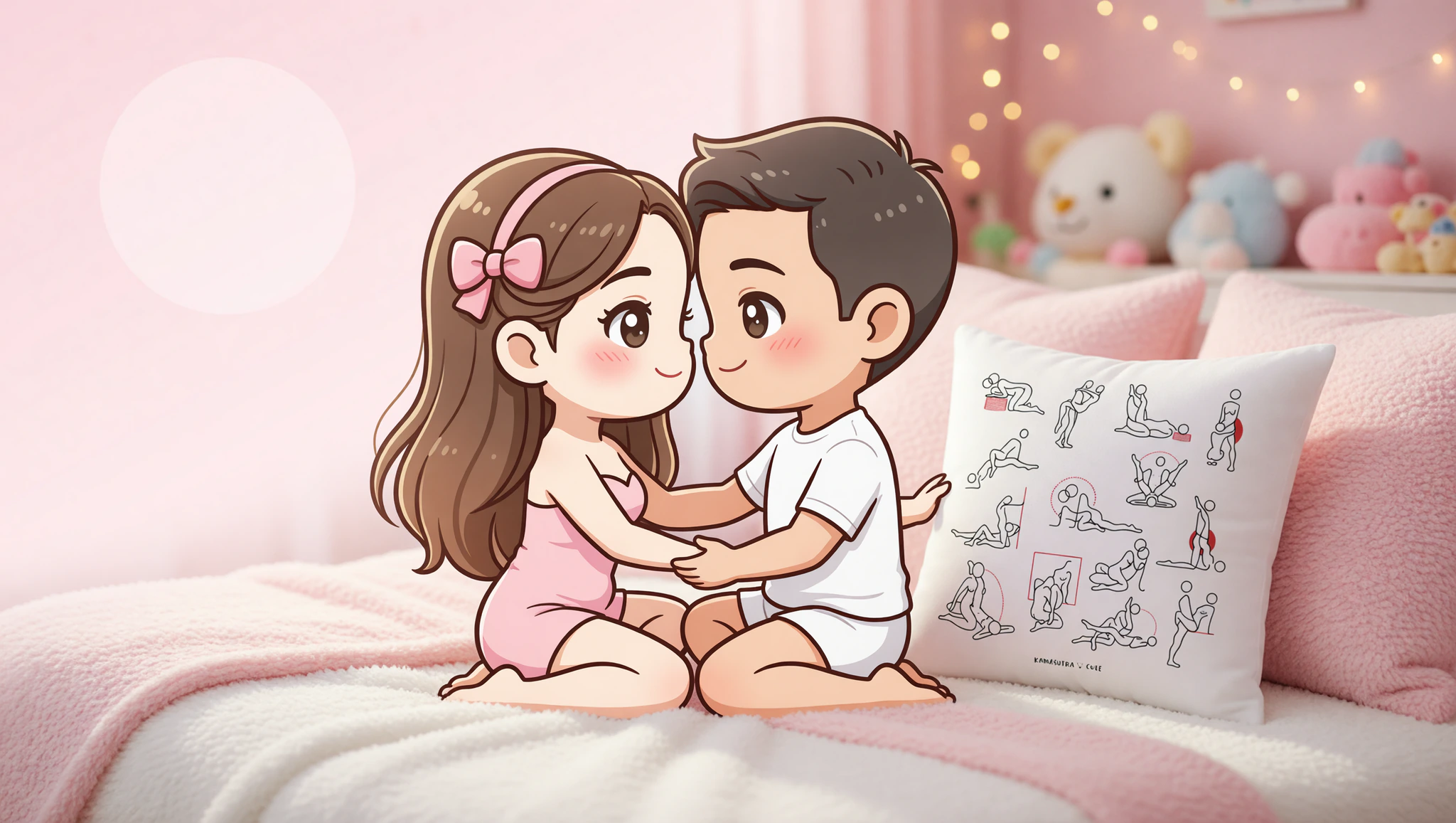 A man and woman embracing closely in the Lotus Kama Sutra position, sharing deep eye contact on a bed.